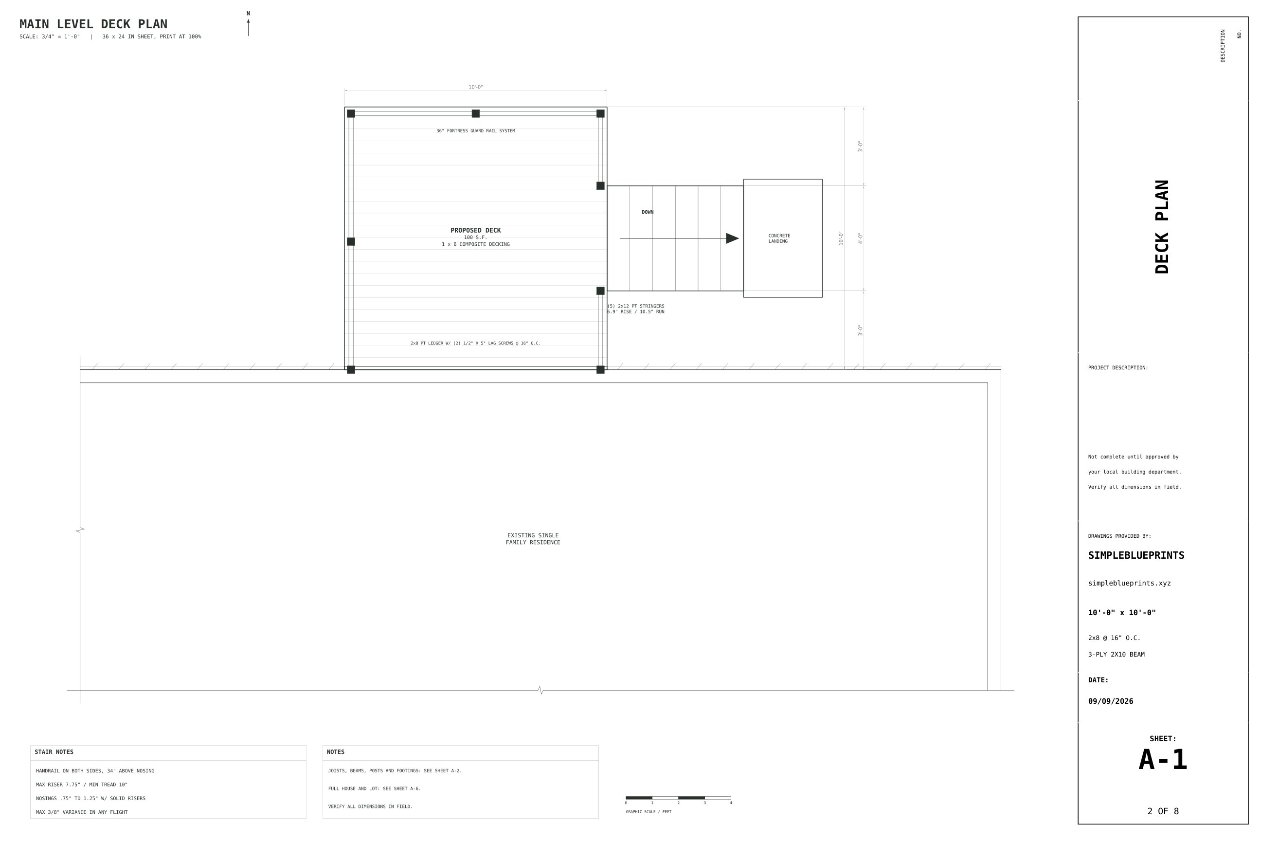Sheet A-1, Deck plan, from the 10x10 Deck Plans permit set