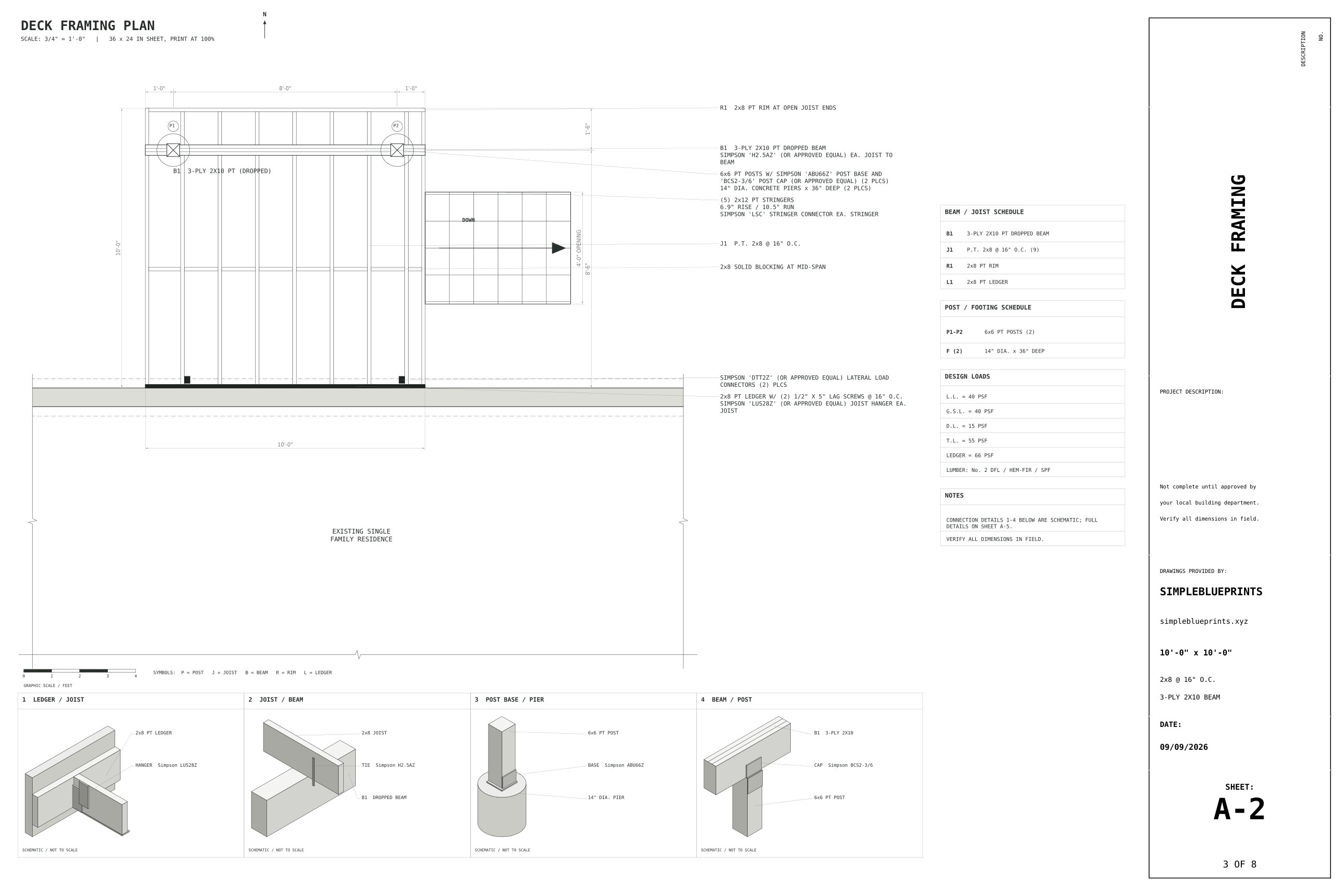 Sheet A-2, Deck framing, from the 10x10 Deck Plans permit set