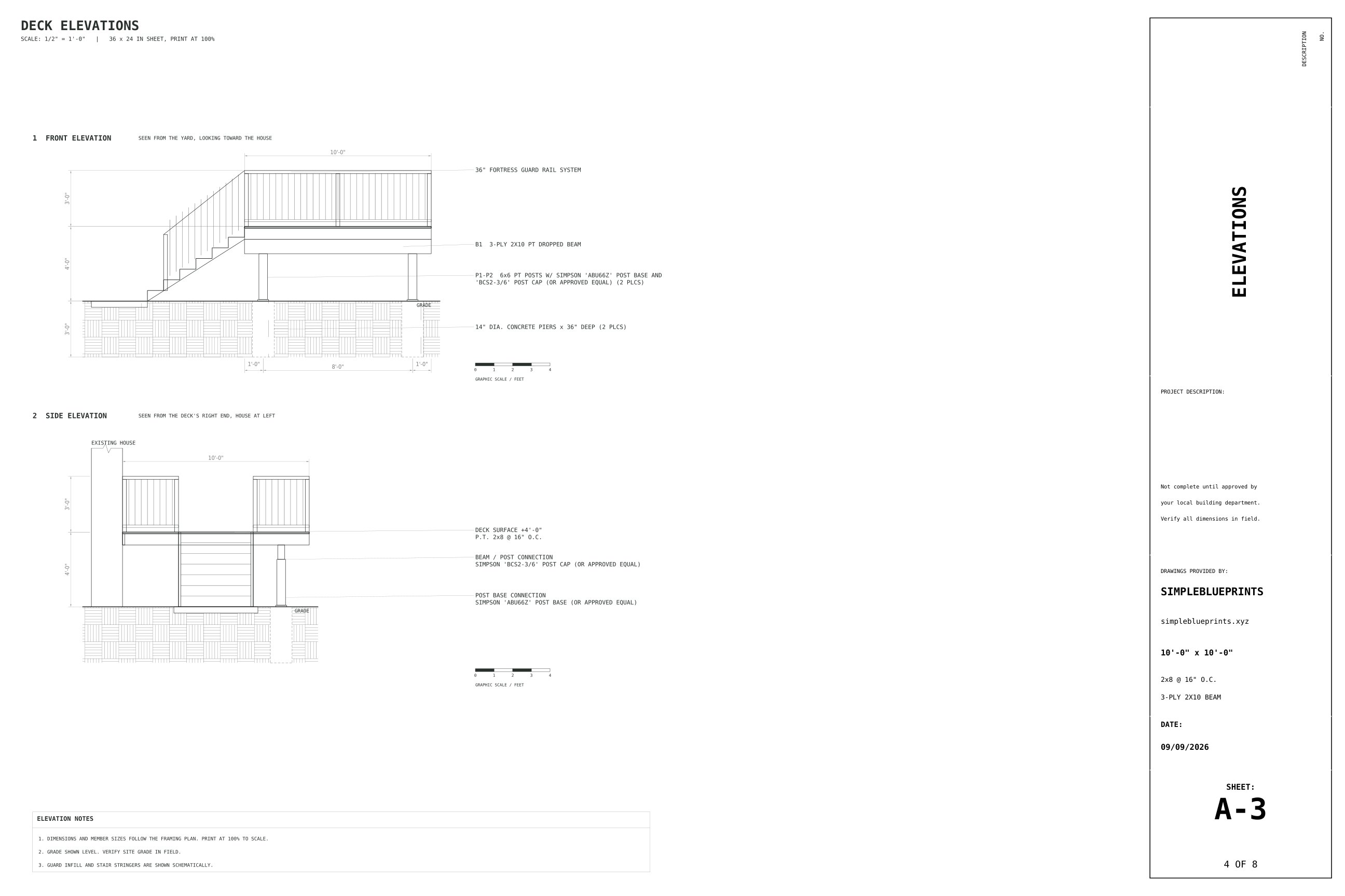 Sheet A-3, Elevations, from the 10x10 Deck Plans permit set