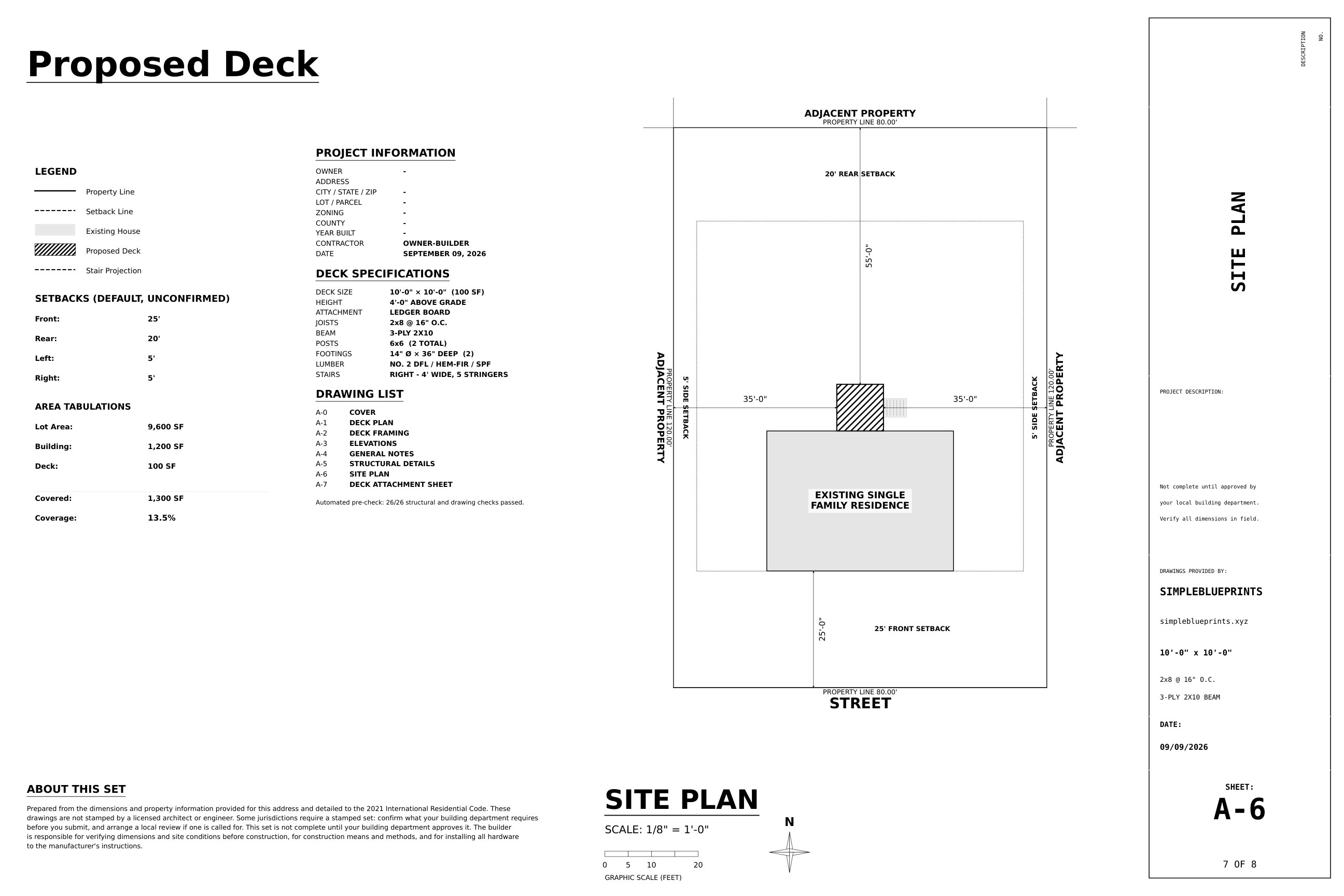 Sheet A-6, Site plan, from the 10x10 Deck Plans permit set