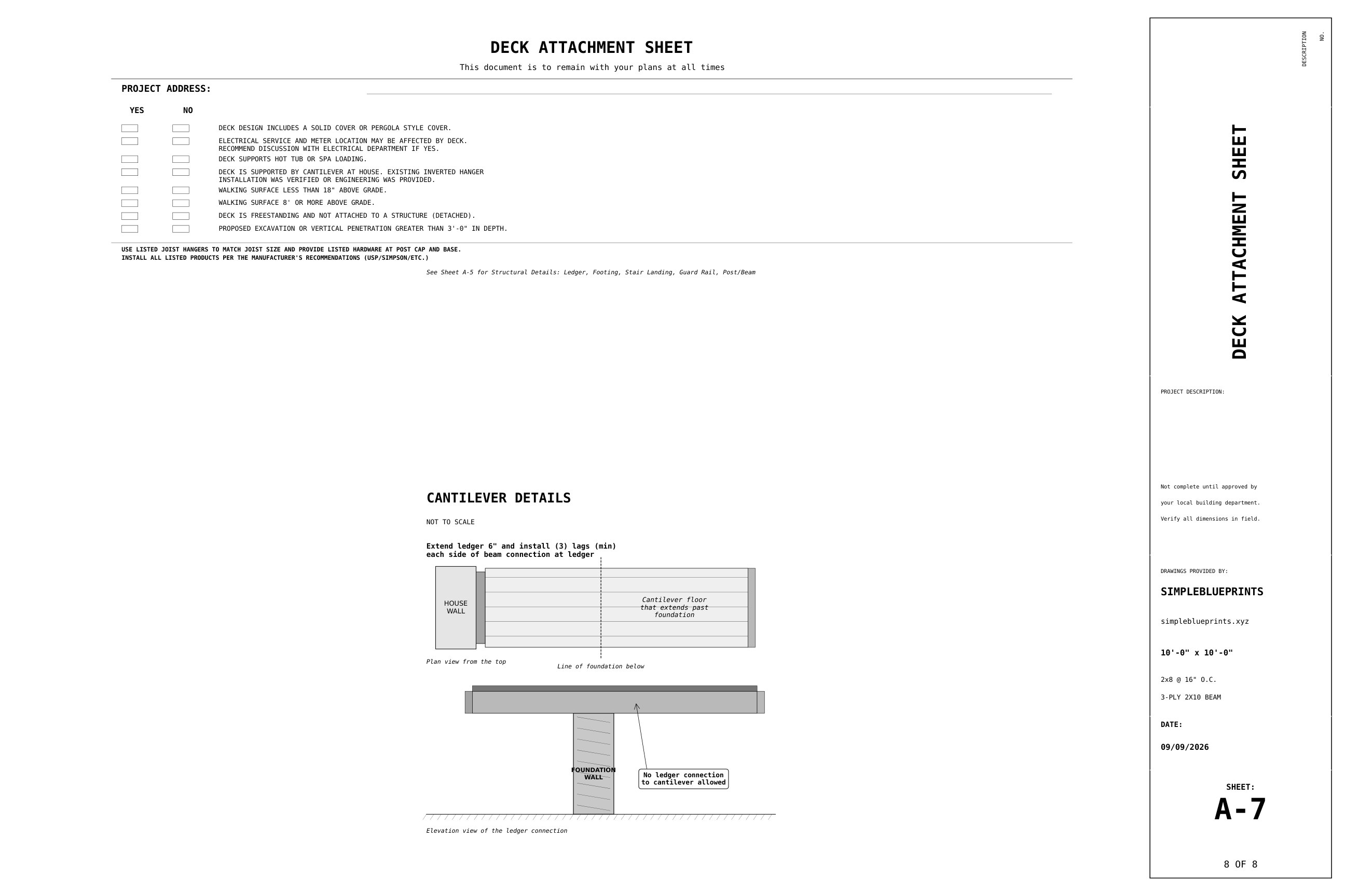 Sheet A-7, Attachment sheet, from the 10x10 Deck Plans permit set