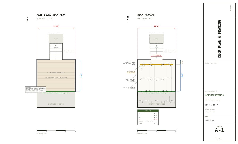 Sheet A-1, Deck plan and framing, from the 10x12 Deck Plans permit set