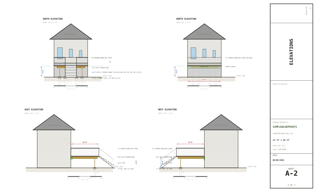 Sheet A-2, Elevations, from the 10x12 Deck Plans permit set