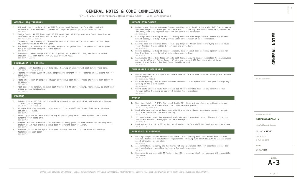 Sheet A-3, General notes, from the 10x12 Deck Plans permit set
