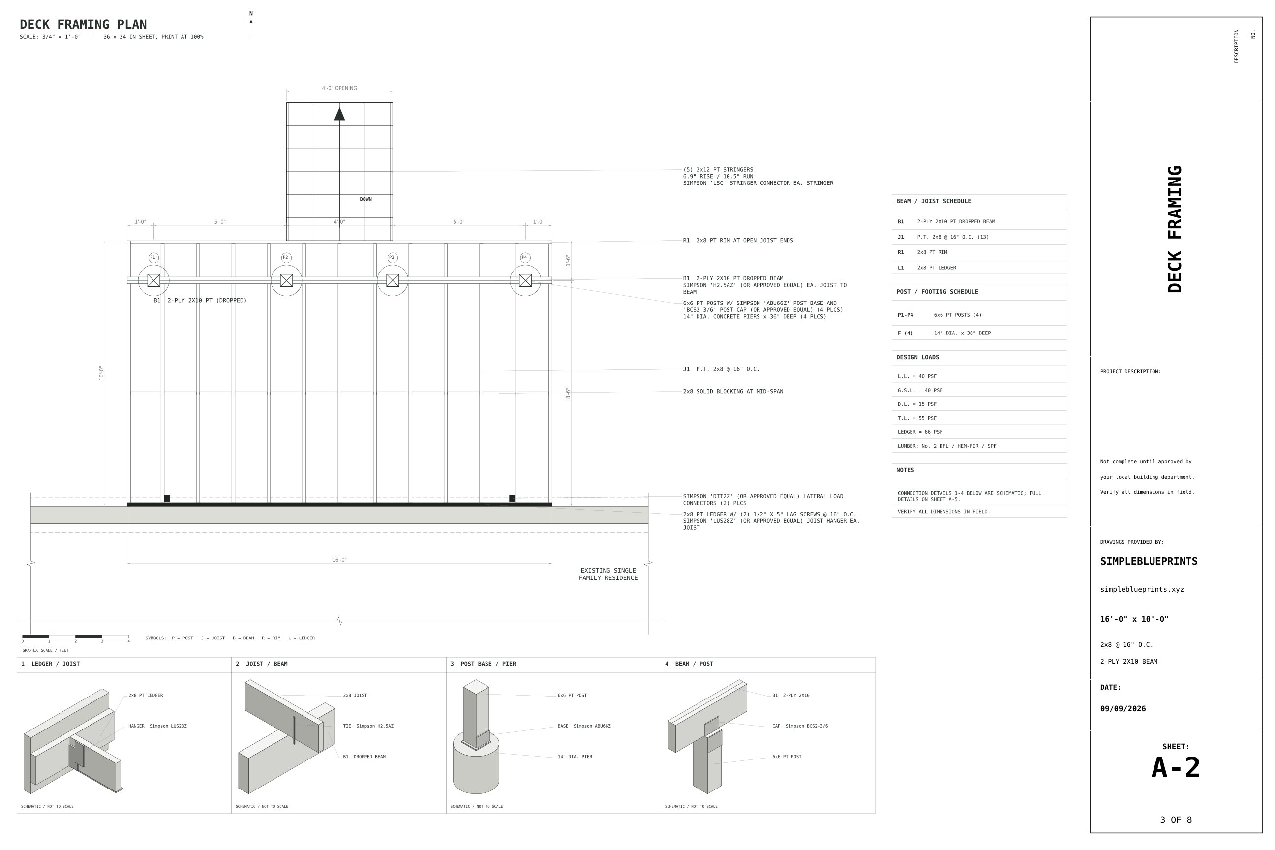 Sheet A-2, Deck framing, from the 10x16 Deck Plans permit set