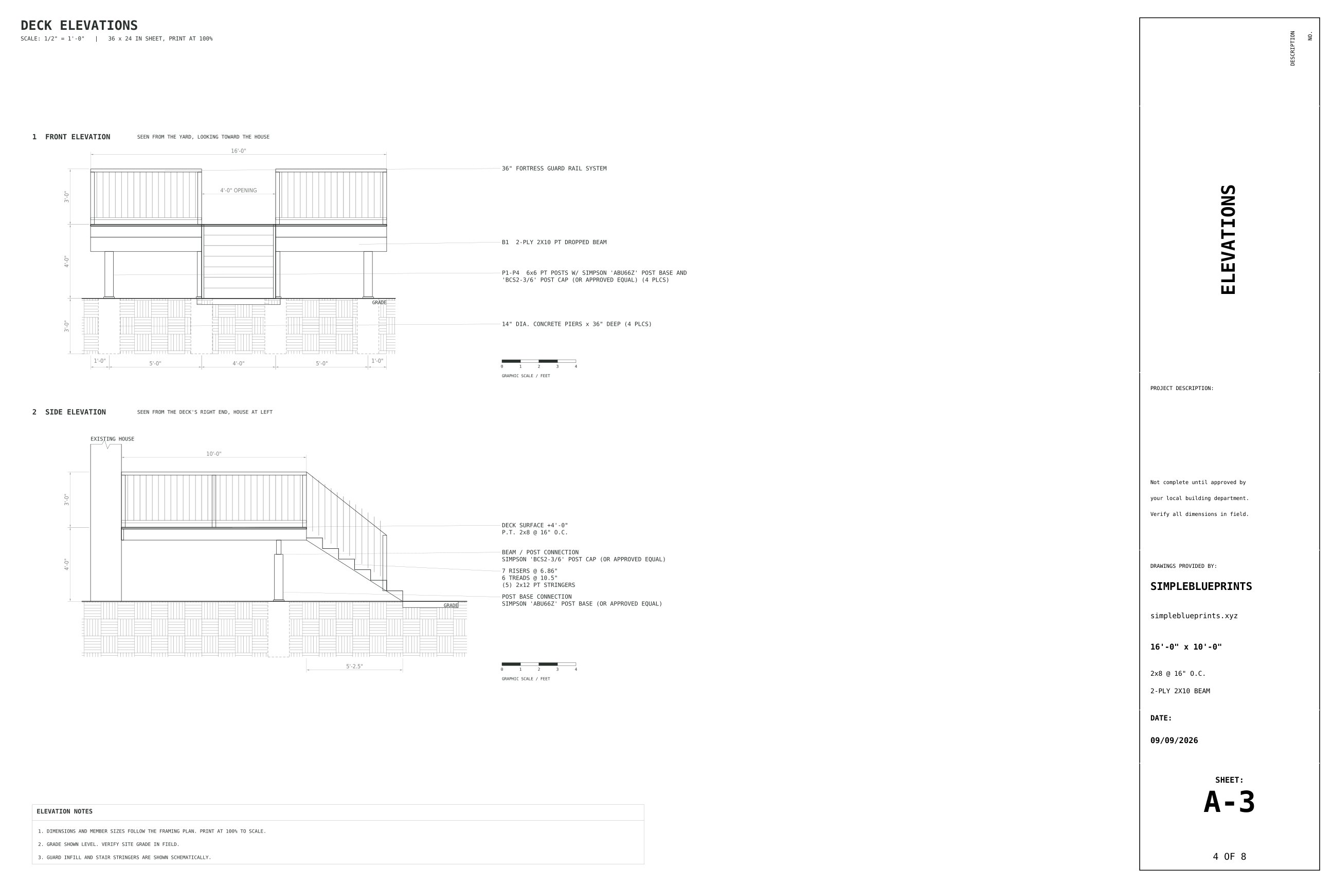Sheet A-3, Elevations, from the 10x16 Deck Plans permit set