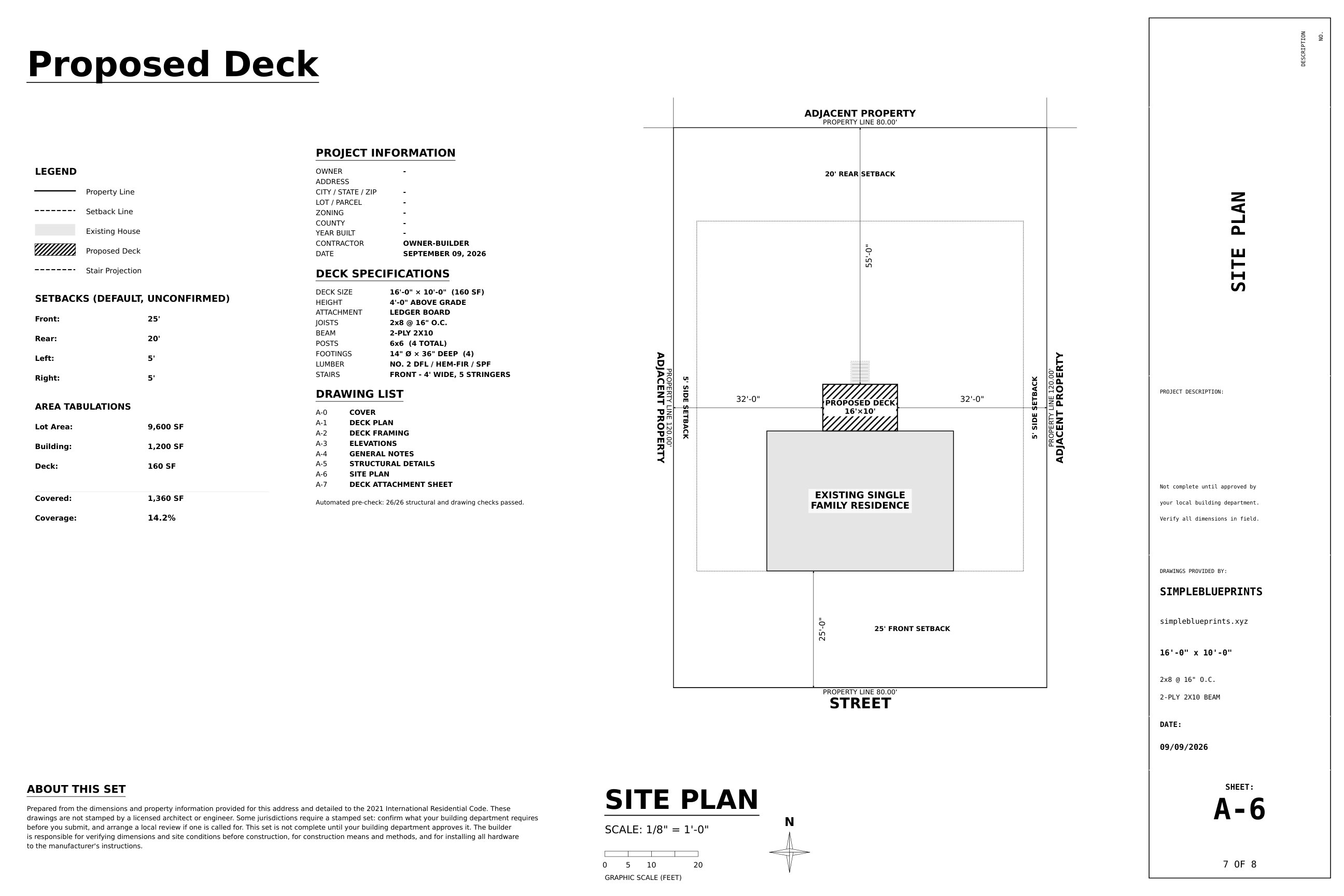 Sheet A-6, Site plan, from the 10x16 Deck Plans permit set
