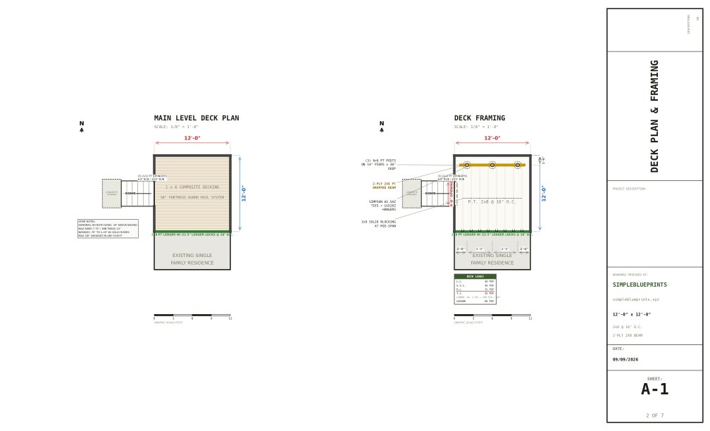 Sheet A-1, Deck plan and framing, from the 12x12 Deck Plans permit set