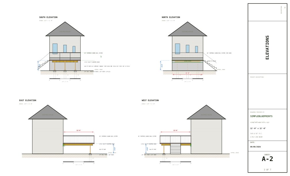 Sheet A-2, Elevations, from the 12x12 Deck Plans permit set