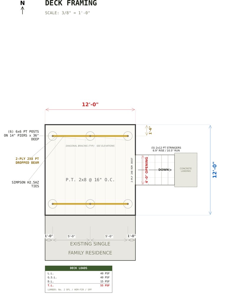 Deck framing plan for the 12x12 Freestanding Deck Plans set