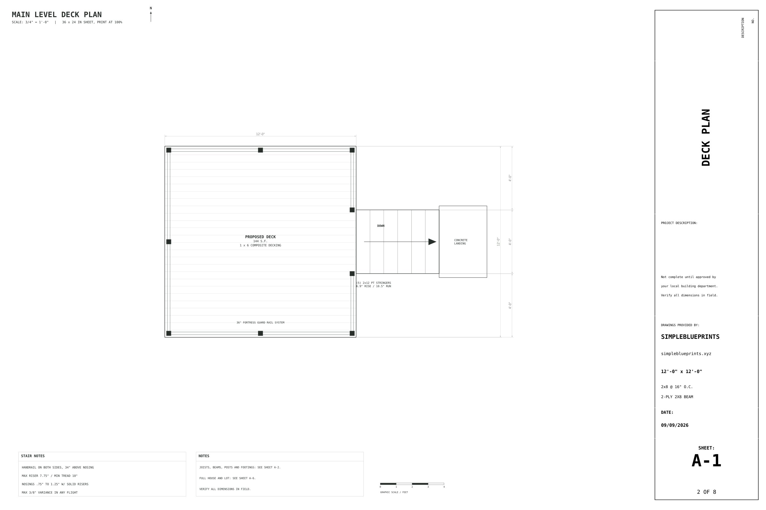 Sheet A-1, Deck plan, from the 12x12 Freestanding Deck Plans permit set