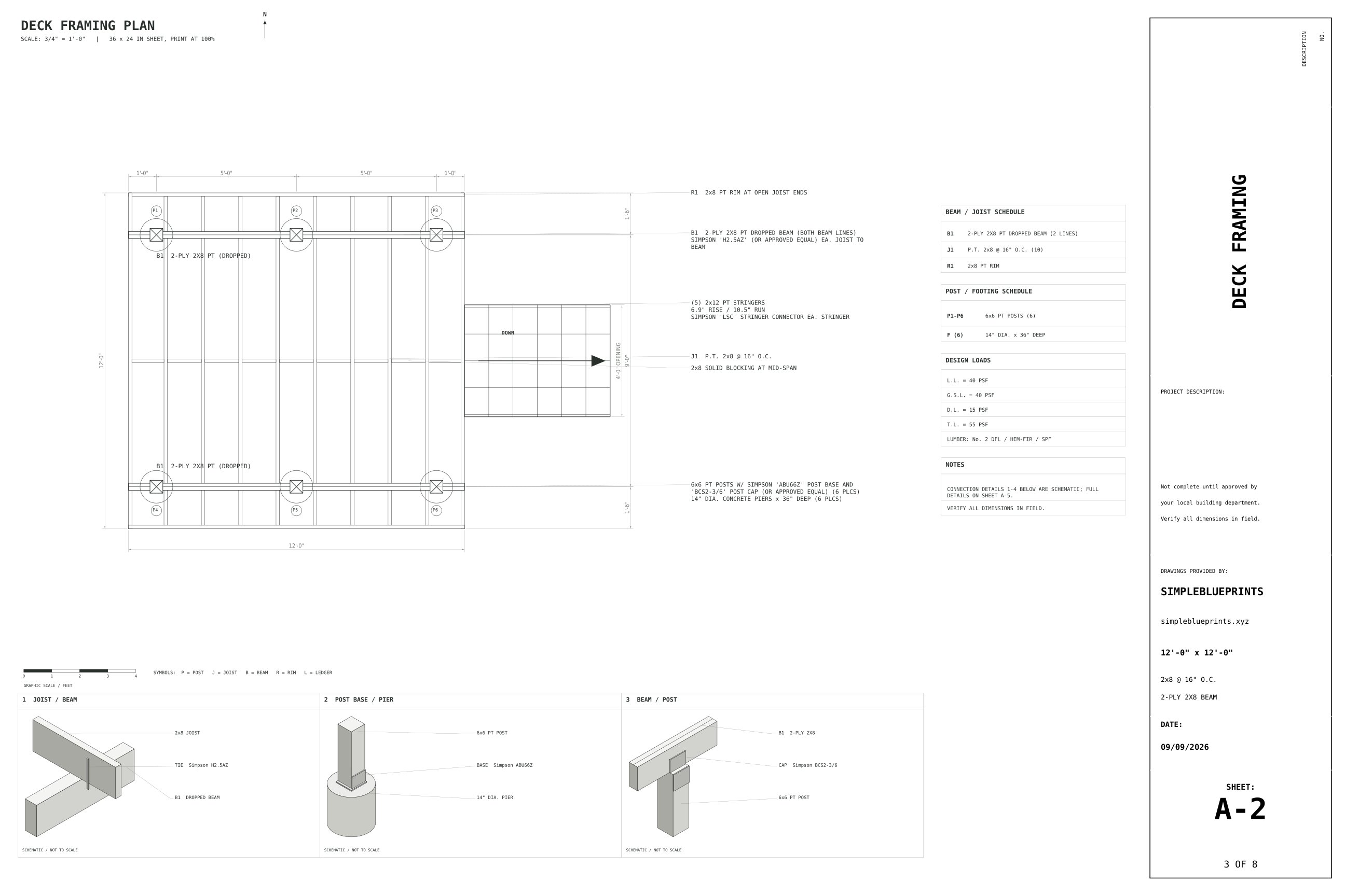 Sheet A-2, Deck framing, from the 12x12 Freestanding Deck Plans permit set