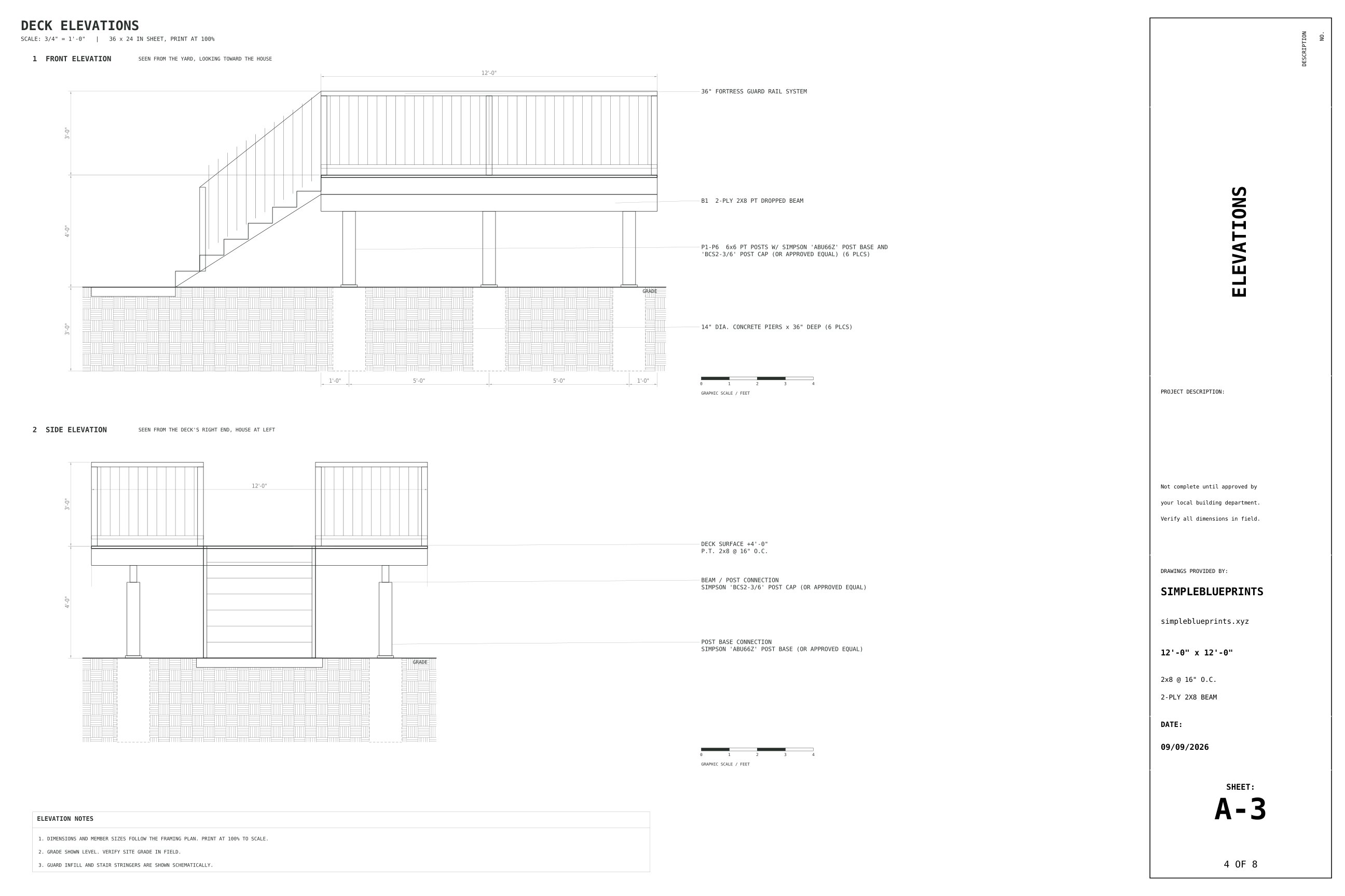 Sheet A-3, Elevations, from the 12x12 Freestanding Deck Plans permit set
