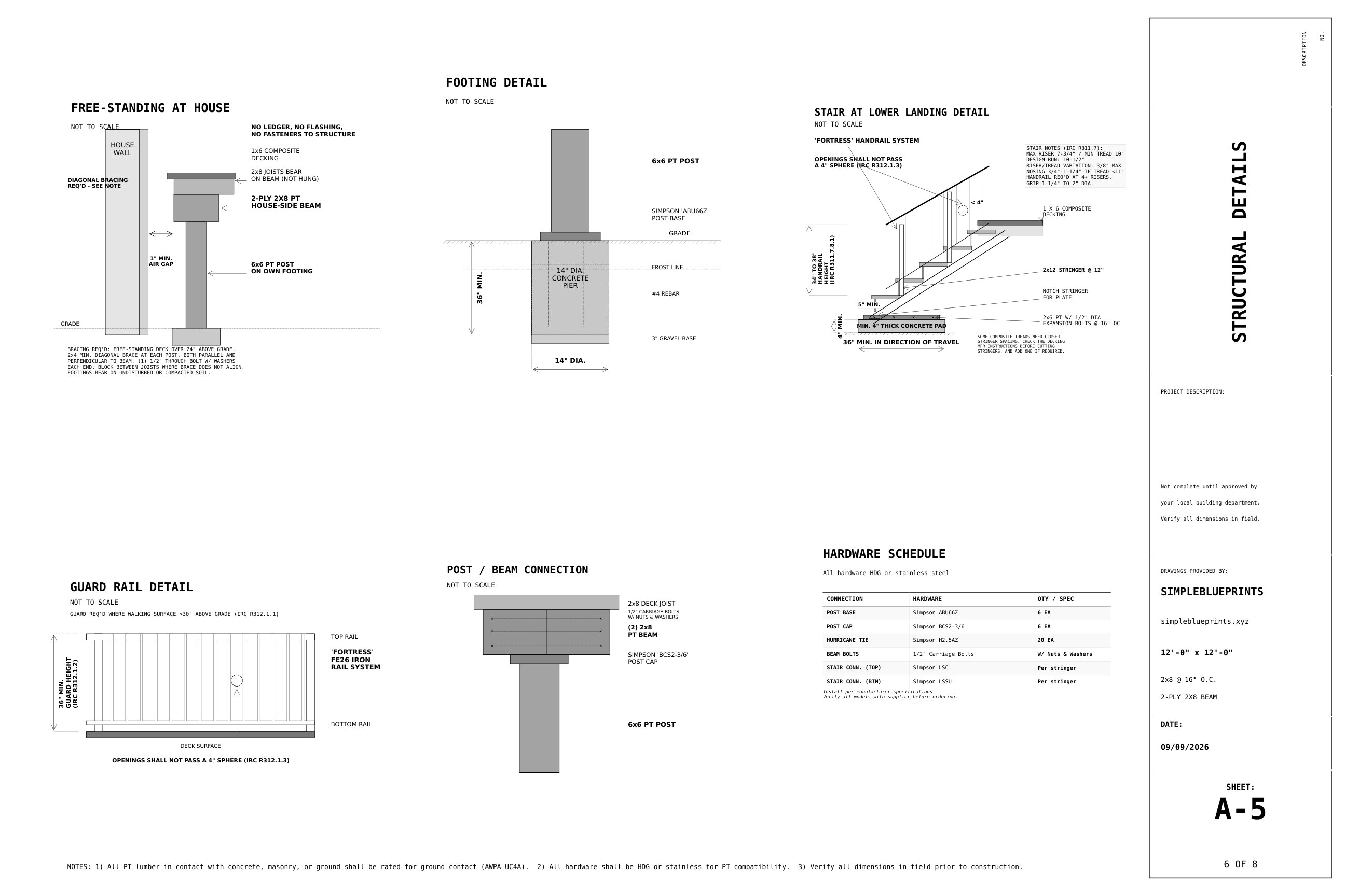 Sheet A-5, Structural details, from the 12x12 Freestanding Deck Plans permit set