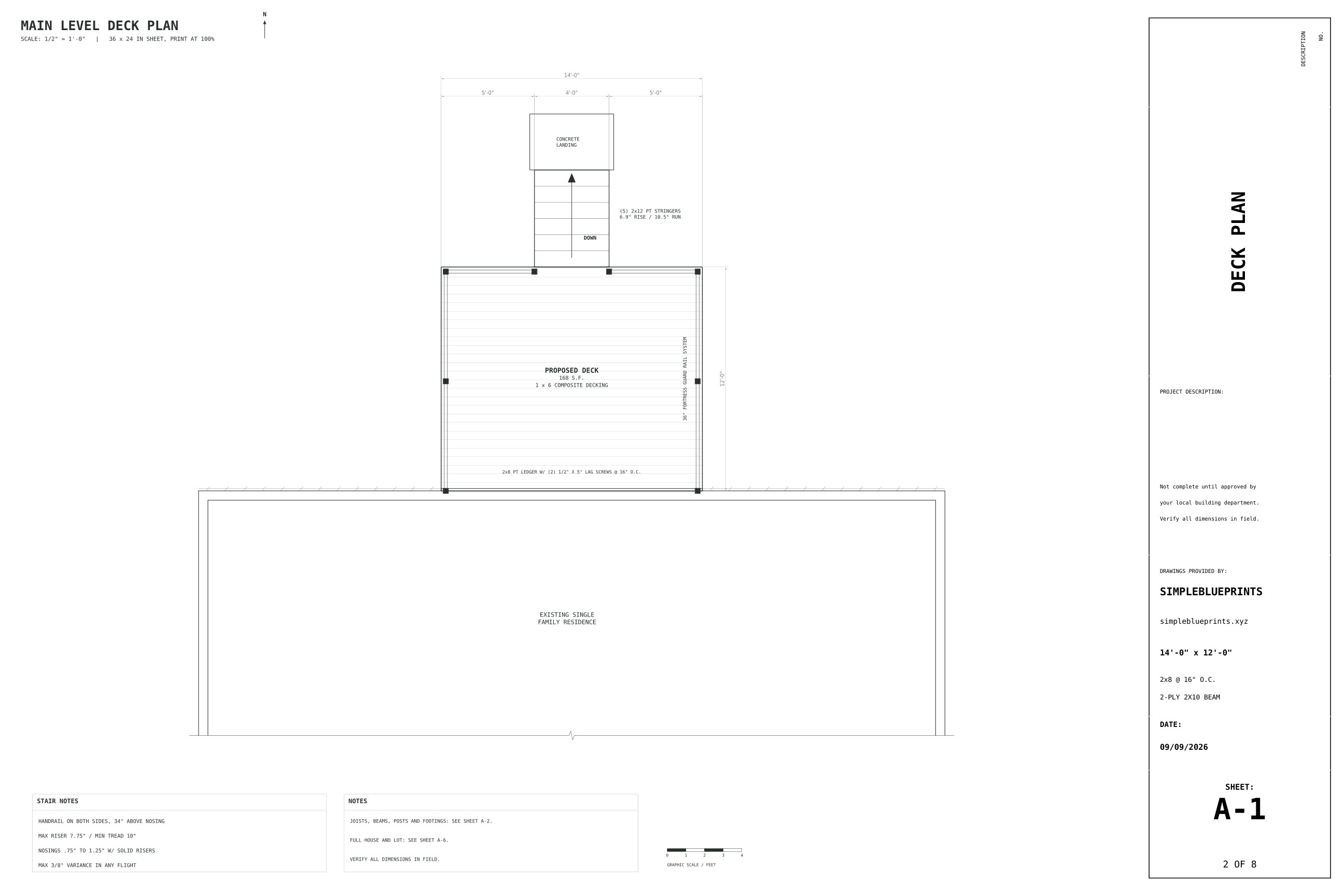 Sheet A-1, Deck plan, from the 12x14 Deck Plans permit set