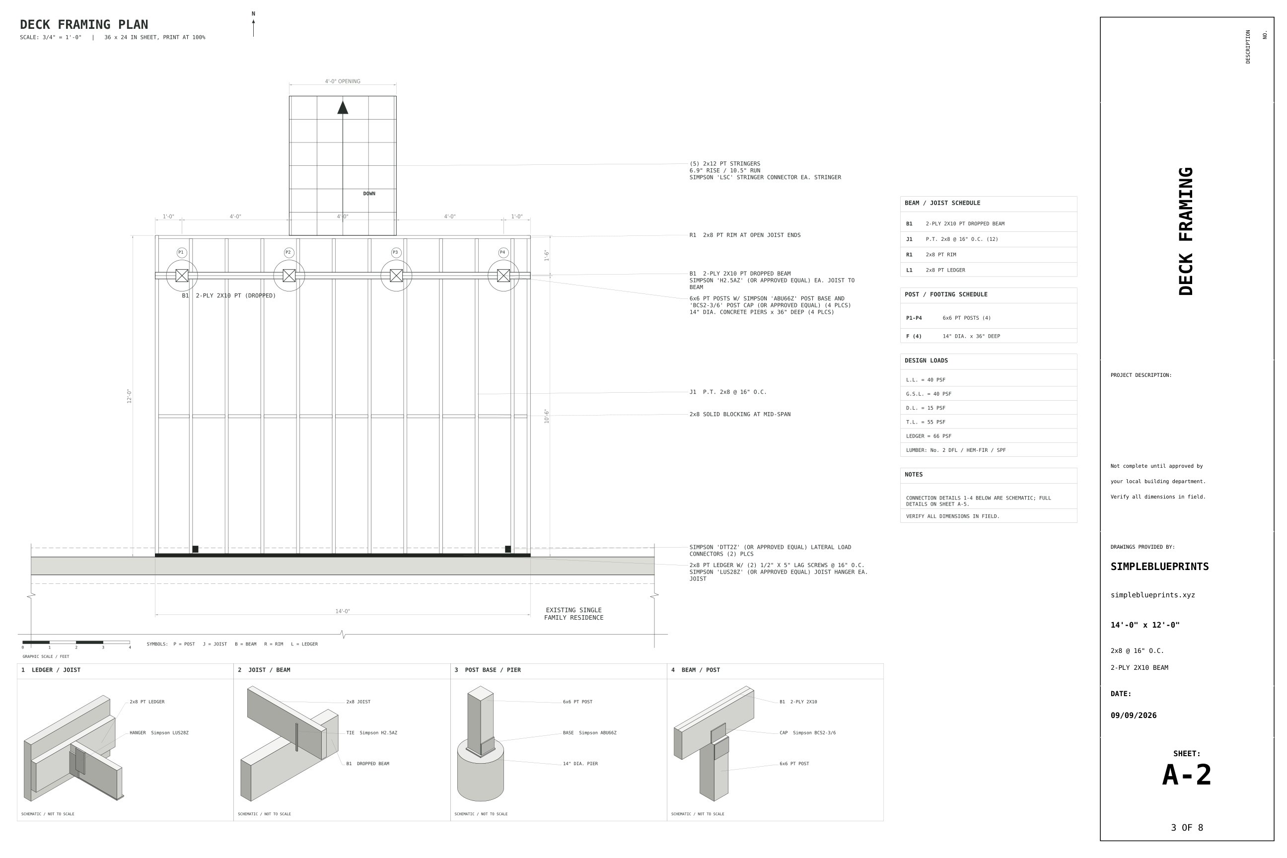 Sheet A-2, Deck framing, from the 12x14 Deck Plans permit set