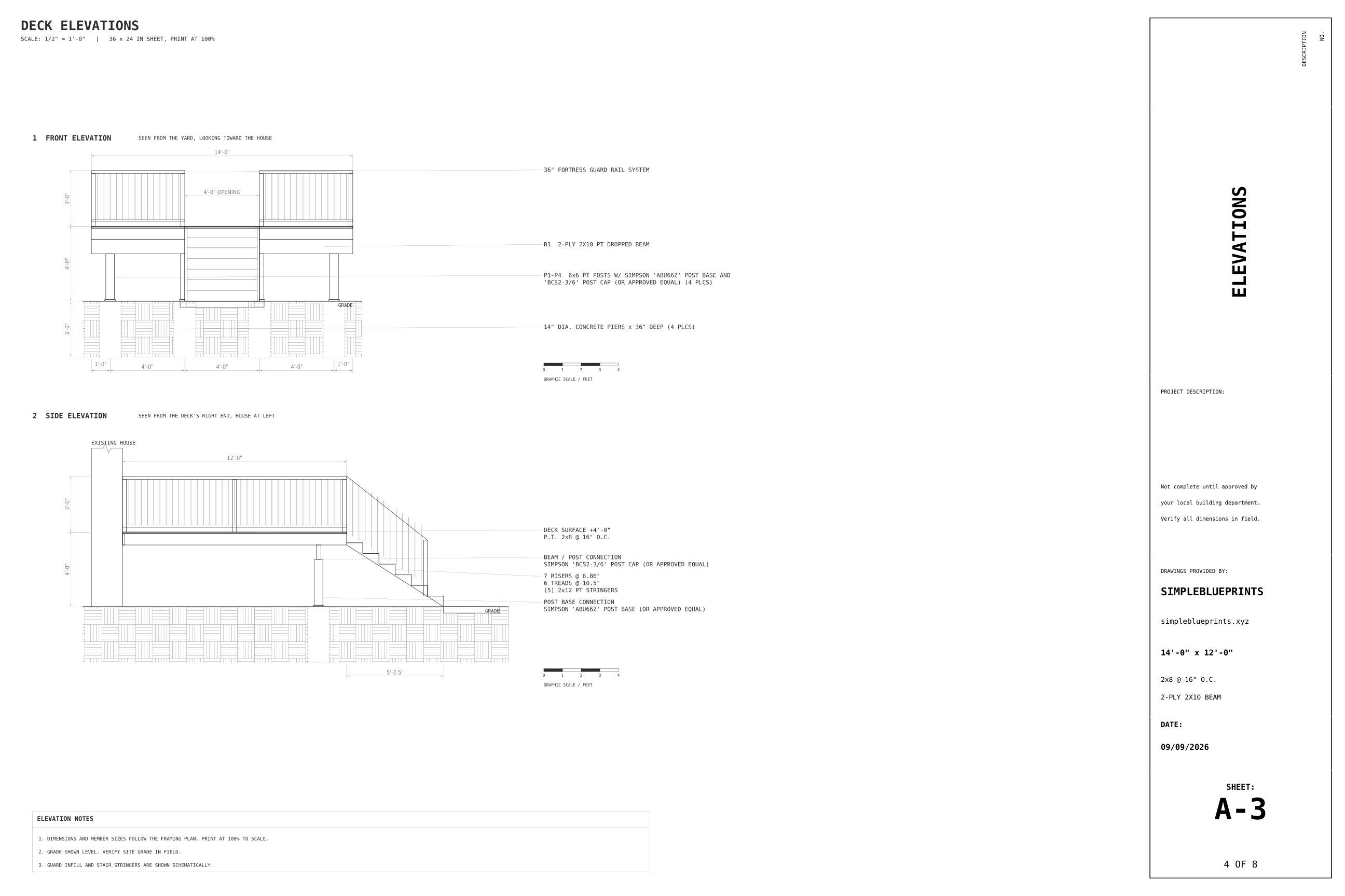 Sheet A-3, Elevations, from the 12x14 Deck Plans permit set