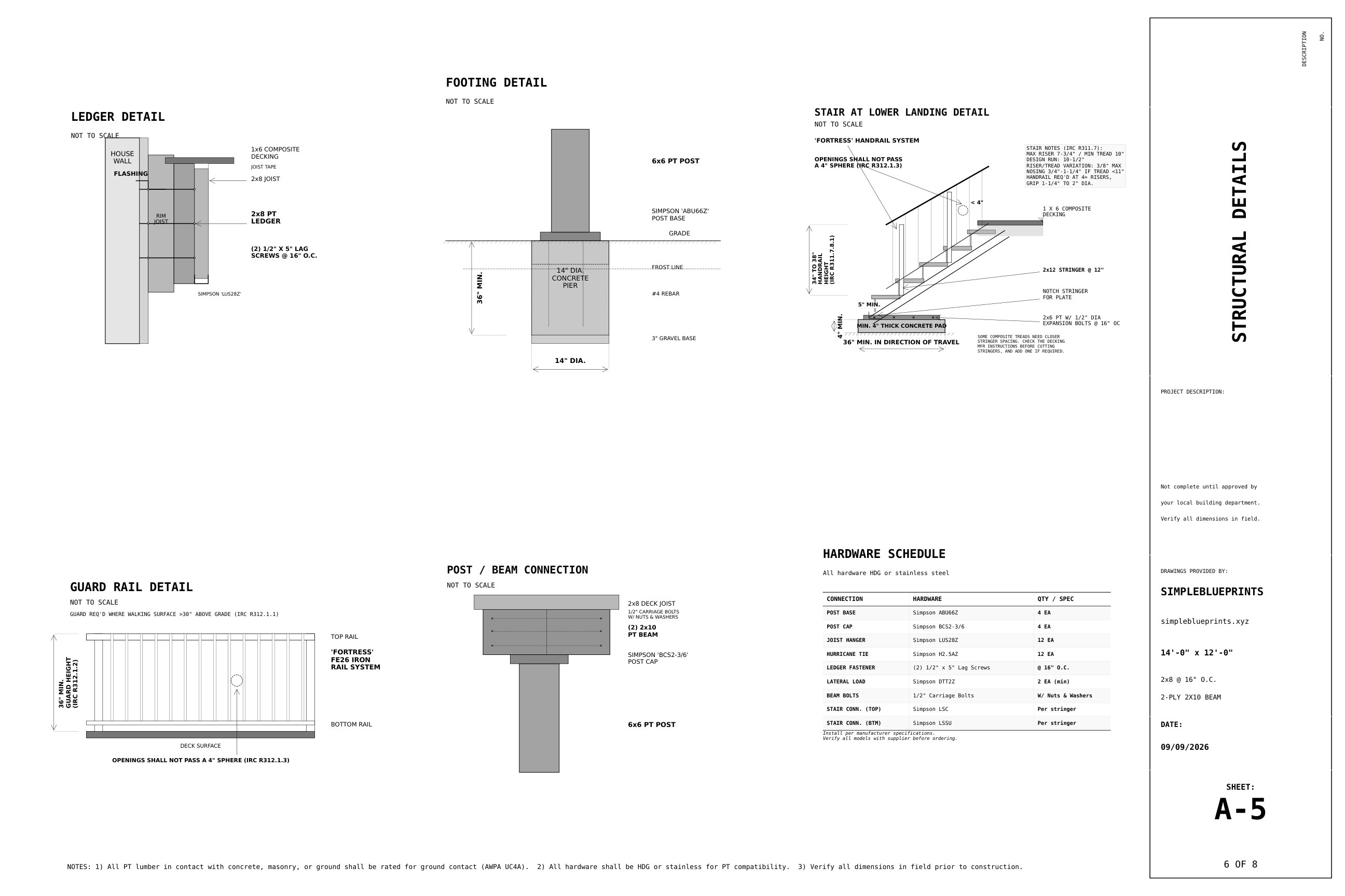 Sheet A-5, Structural details, from the 12x14 Deck Plans permit set