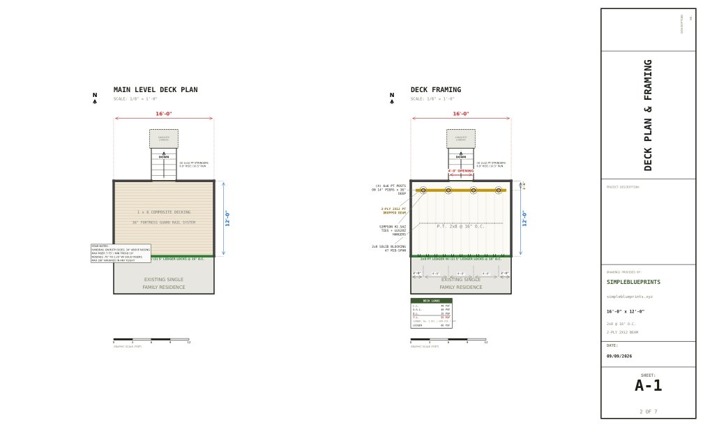 Sheet A-1, Deck plan and framing, from the 12x16 Deck Plans permit set