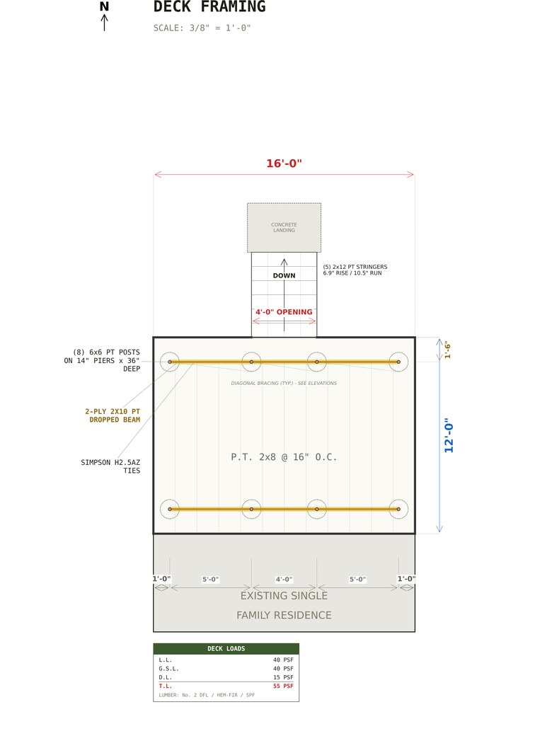 Deck framing plan for the 12x16 Freestanding Deck Plans set