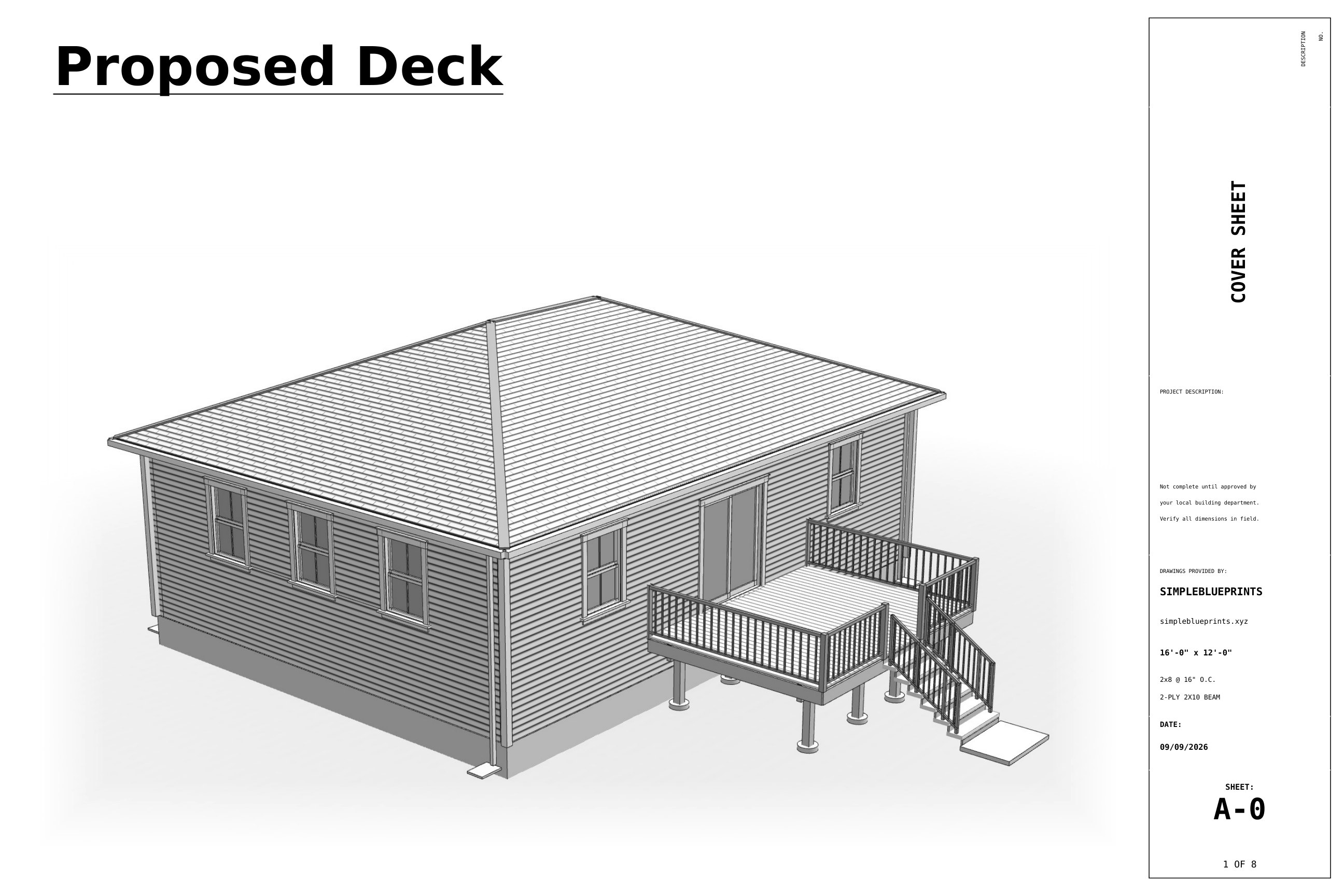 Sheet A-0, Cover sheet, from the 12x16 Freestanding Deck Plans permit set