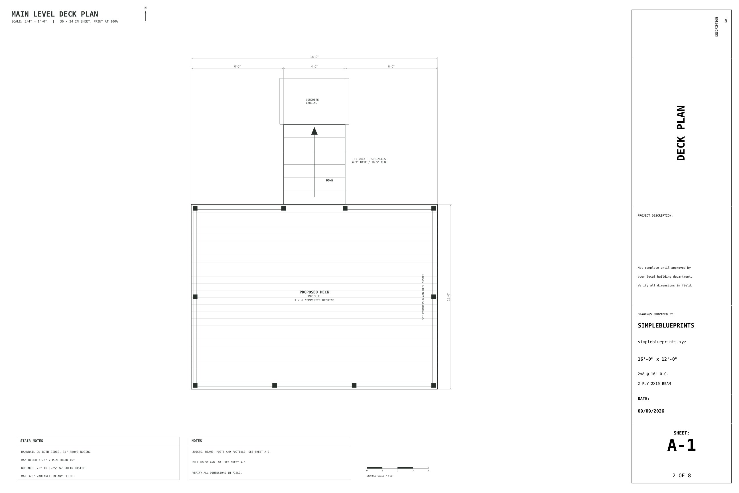 Sheet A-1, Deck plan, from the 12x16 Freestanding Deck Plans permit set