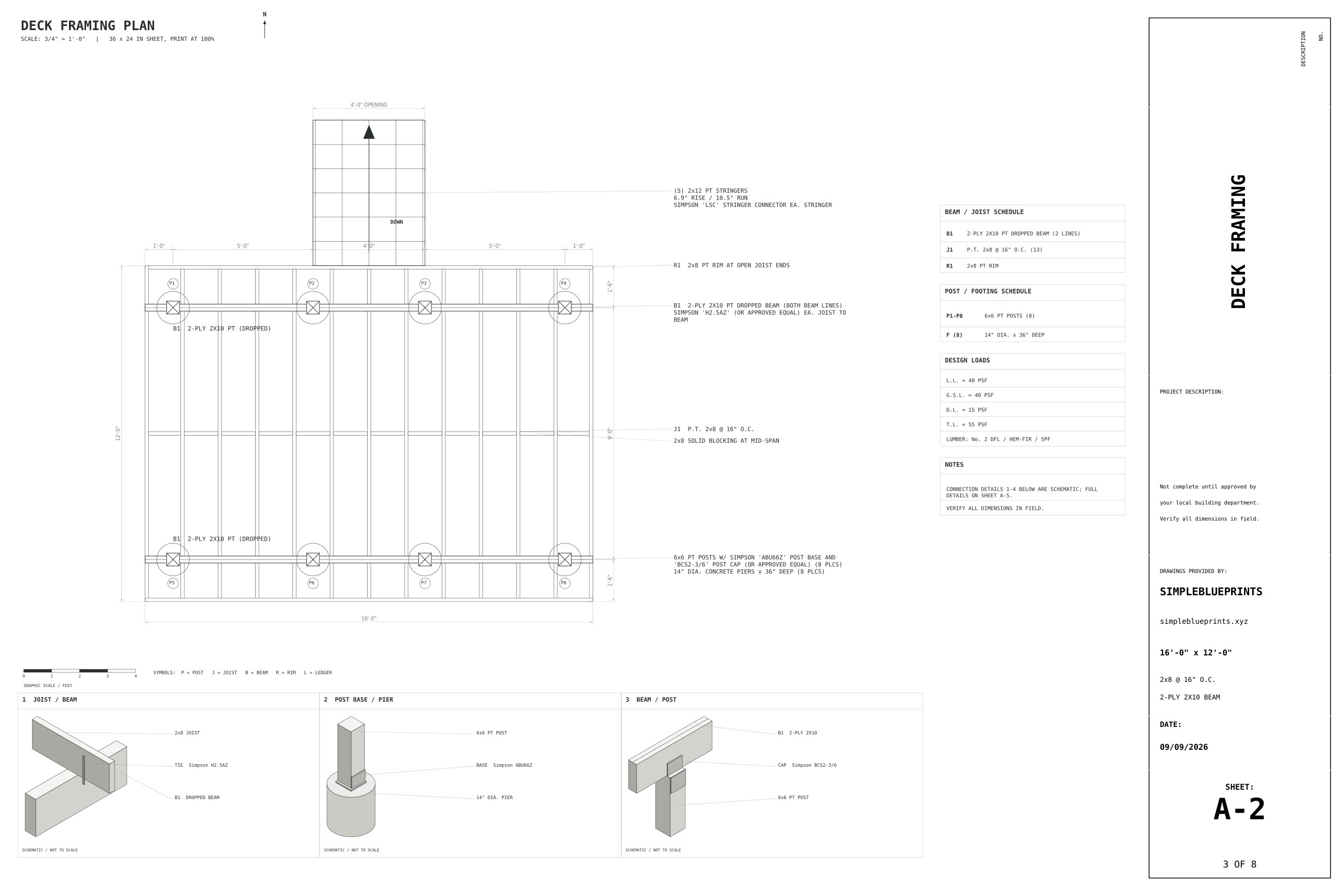 Sheet A-2, Deck framing, from the 12x16 Freestanding Deck Plans permit set