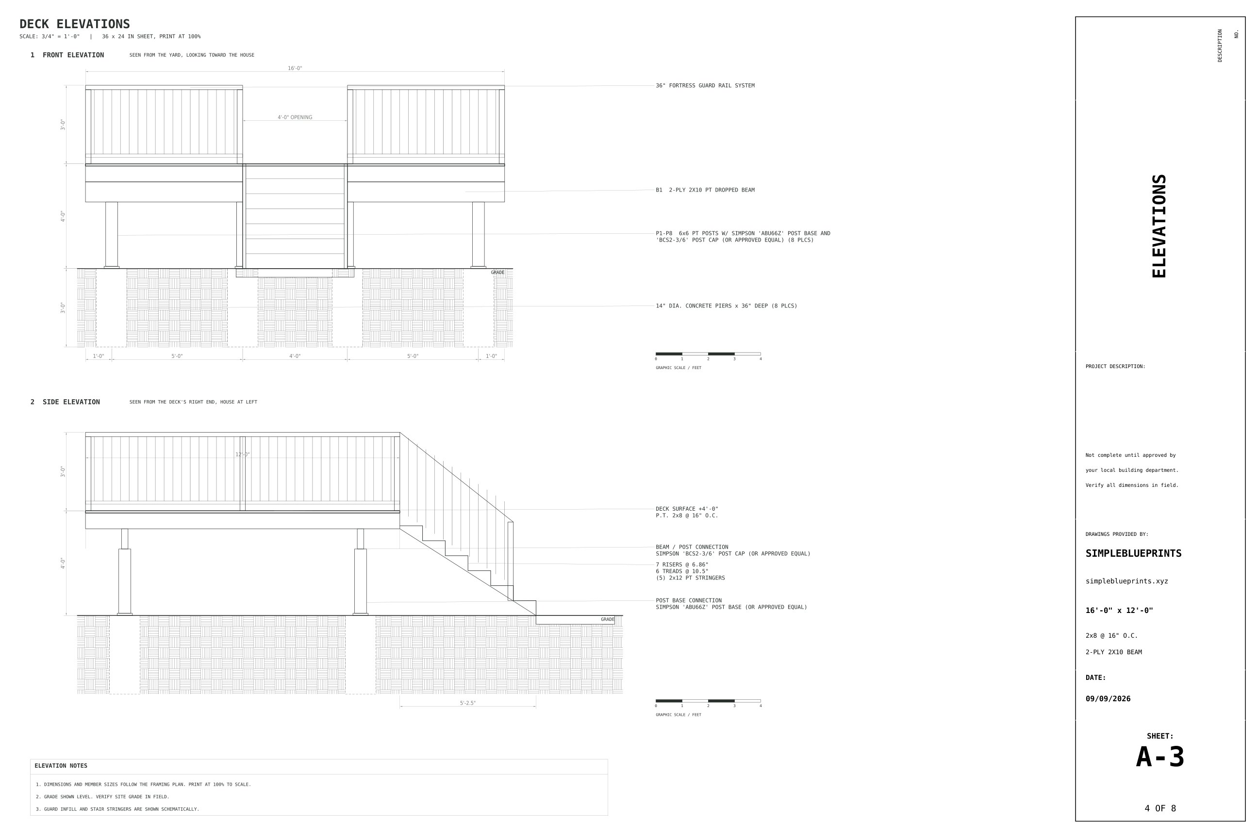 Sheet A-3, Elevations, from the 12x16 Freestanding Deck Plans permit set