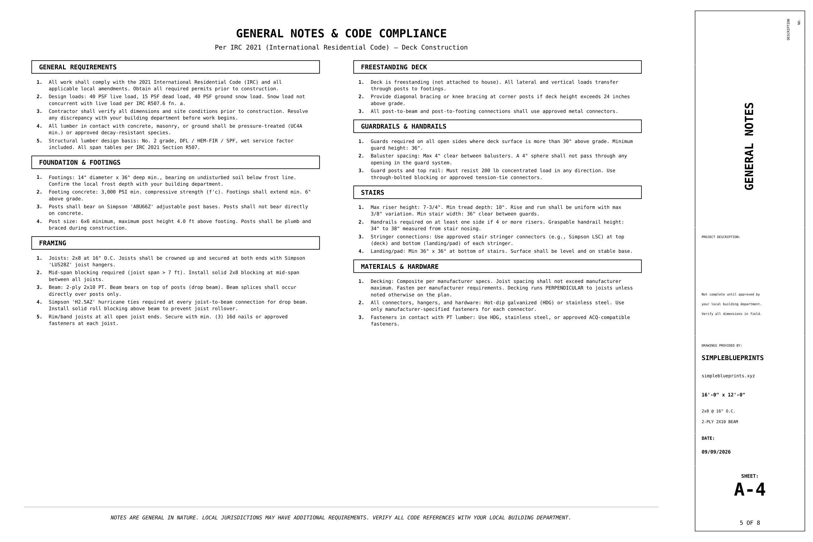 Sheet A-4, General notes, from the 12x16 Freestanding Deck Plans permit set