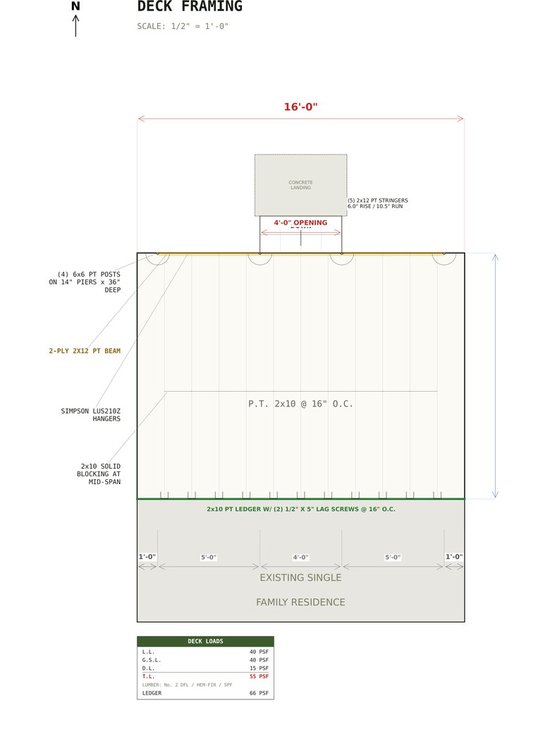 Deck framing plan for the 12x16 Ground-Level Deck Plans set