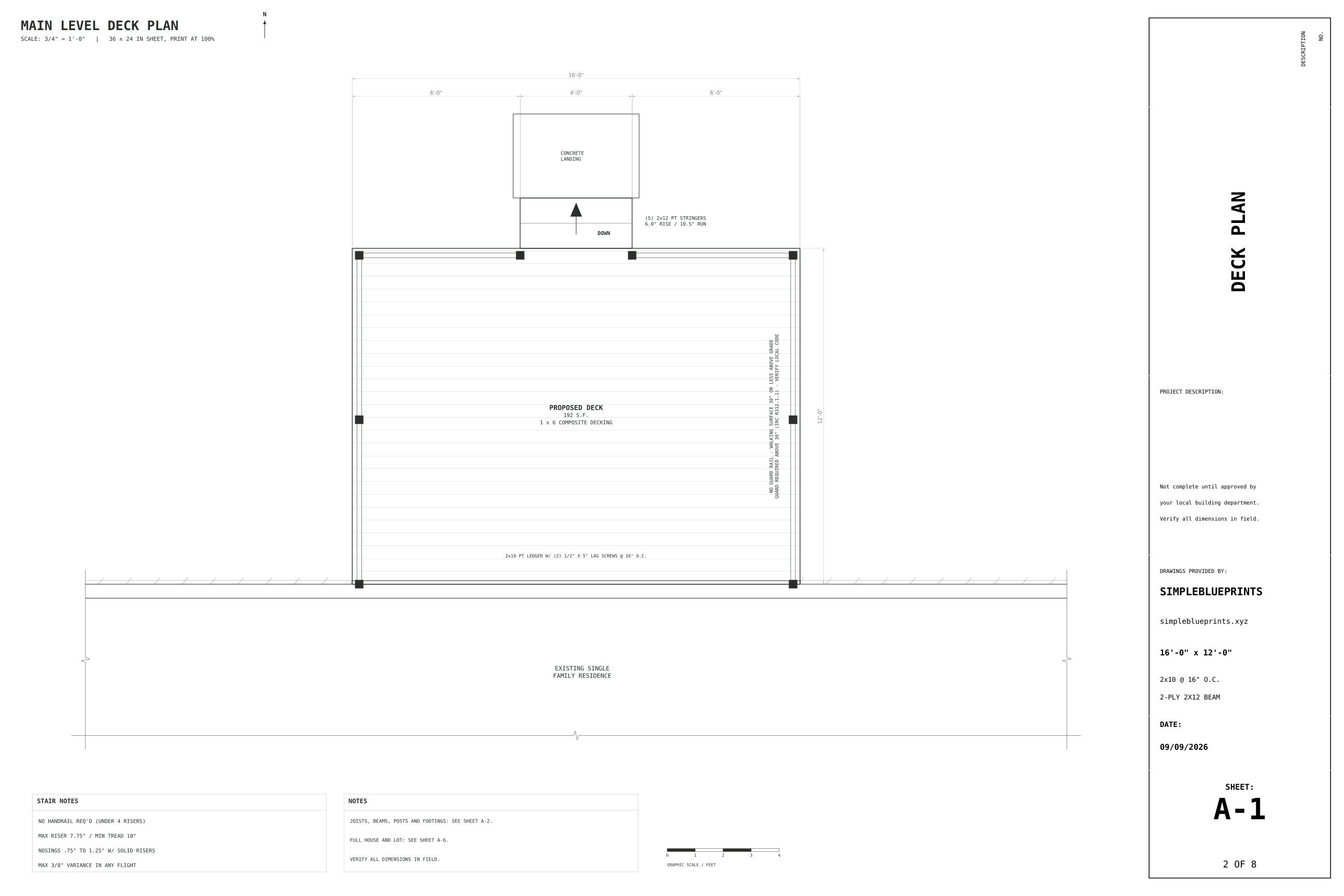 Sheet A-1, Deck plan, from the 12x16 Ground-Level Deck Plans permit set