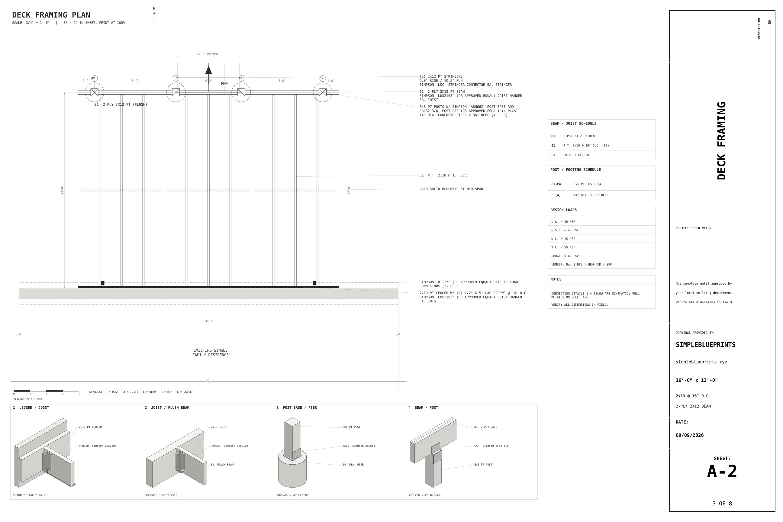 Sheet A-2, Deck framing, from the 12x16 Ground-Level Deck Plans permit set
