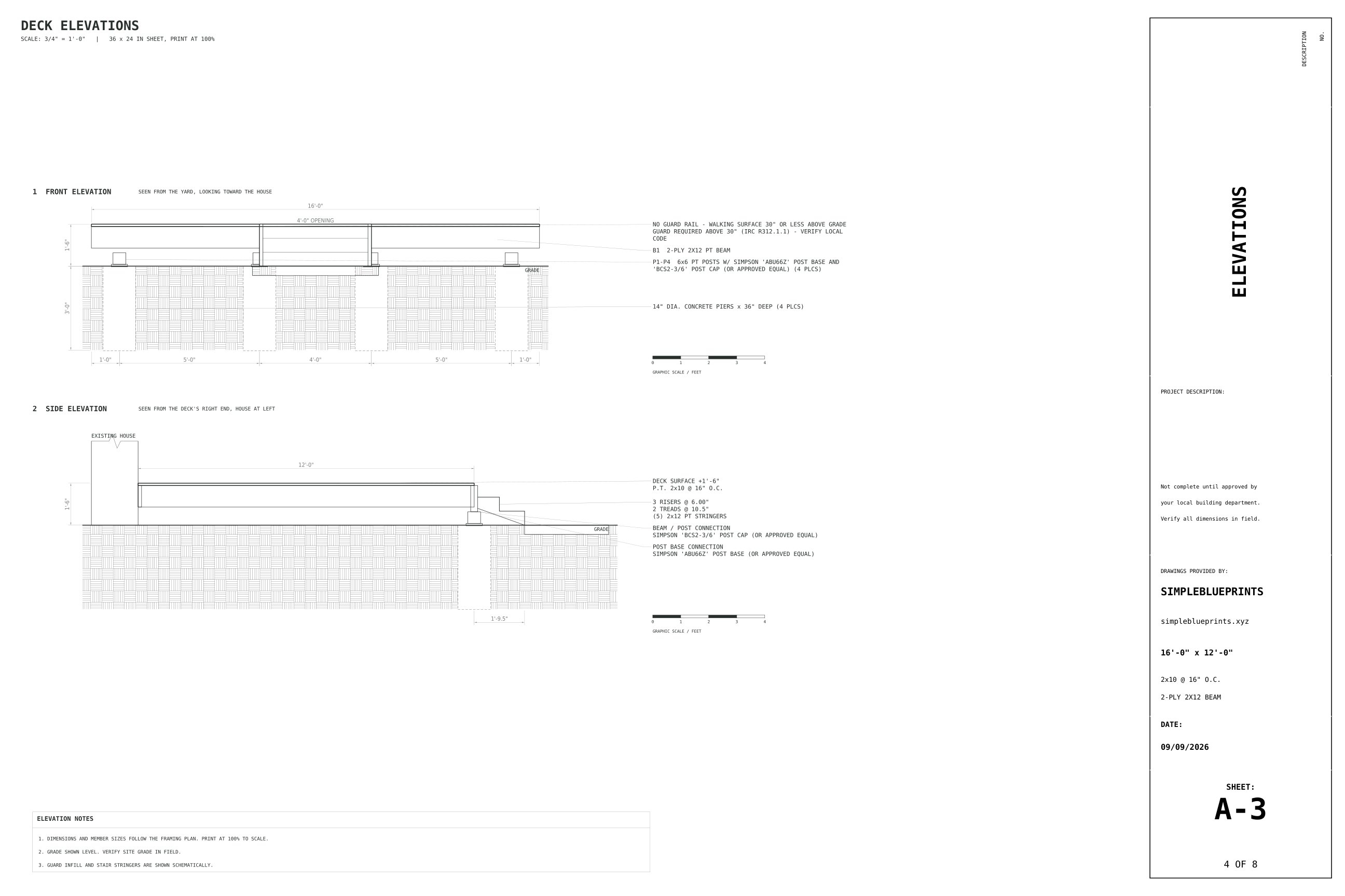Sheet A-3, Elevations, from the 12x16 Ground-Level Deck Plans permit set