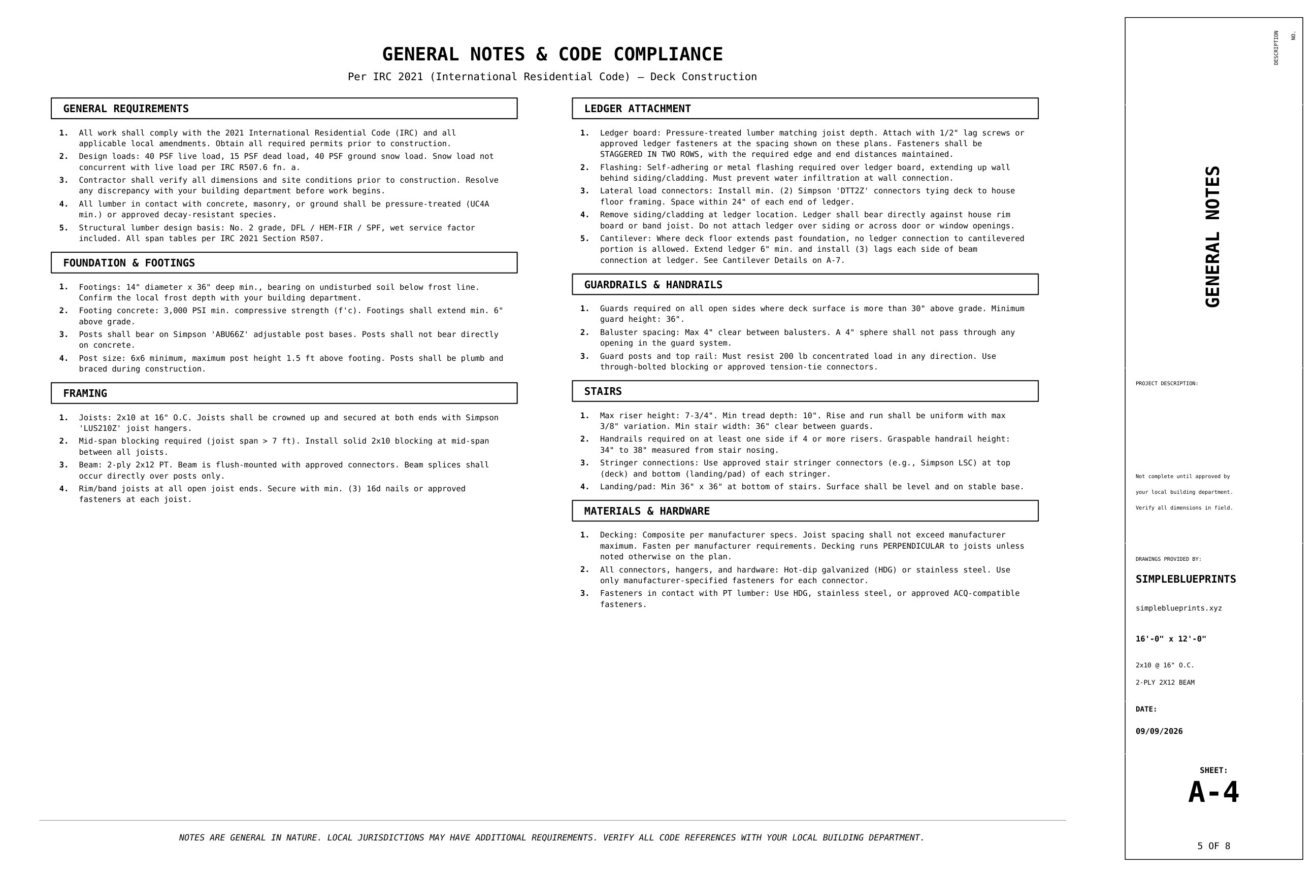 Sheet A-4, General notes, from the 12x16 Ground-Level Deck Plans permit set