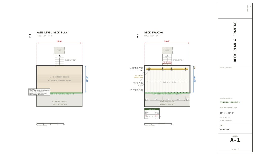 Sheet A-1, Deck plan and framing, from the 12x20 Deck Plans permit set