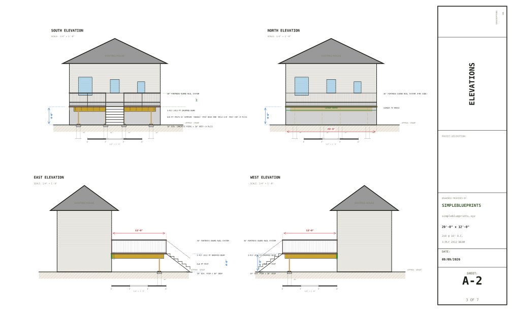 Sheet A-2, Elevations, from the 12x20 Deck Plans permit set