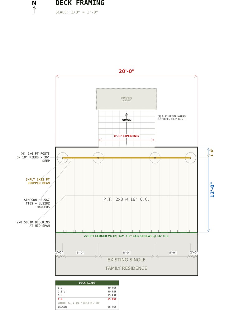 Deck framing plan for the 12x20 Deck Plans With Wide Stairs set