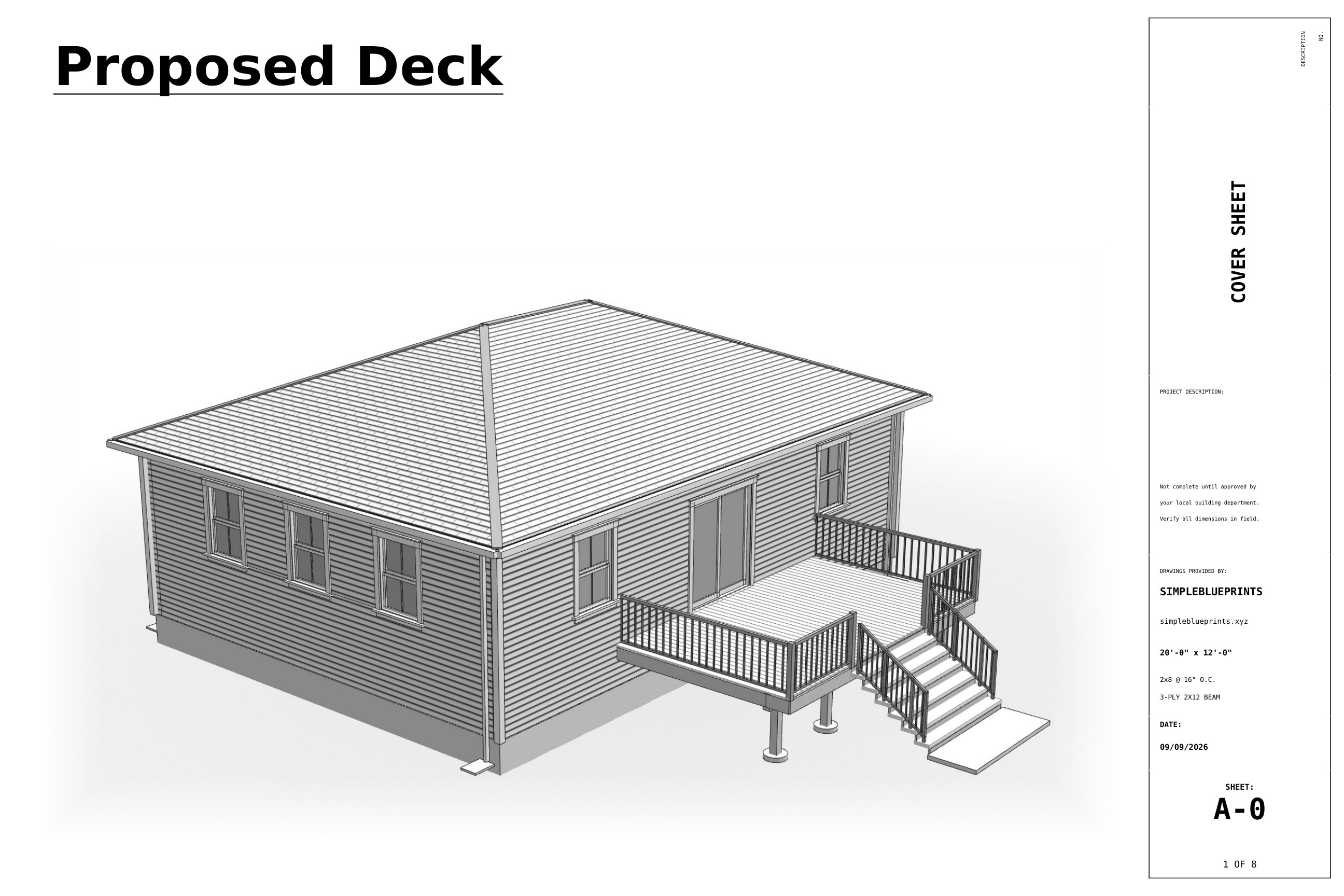 Sheet A-0, Cover sheet, from the 12x20 Deck Plans With Wide Stairs permit set