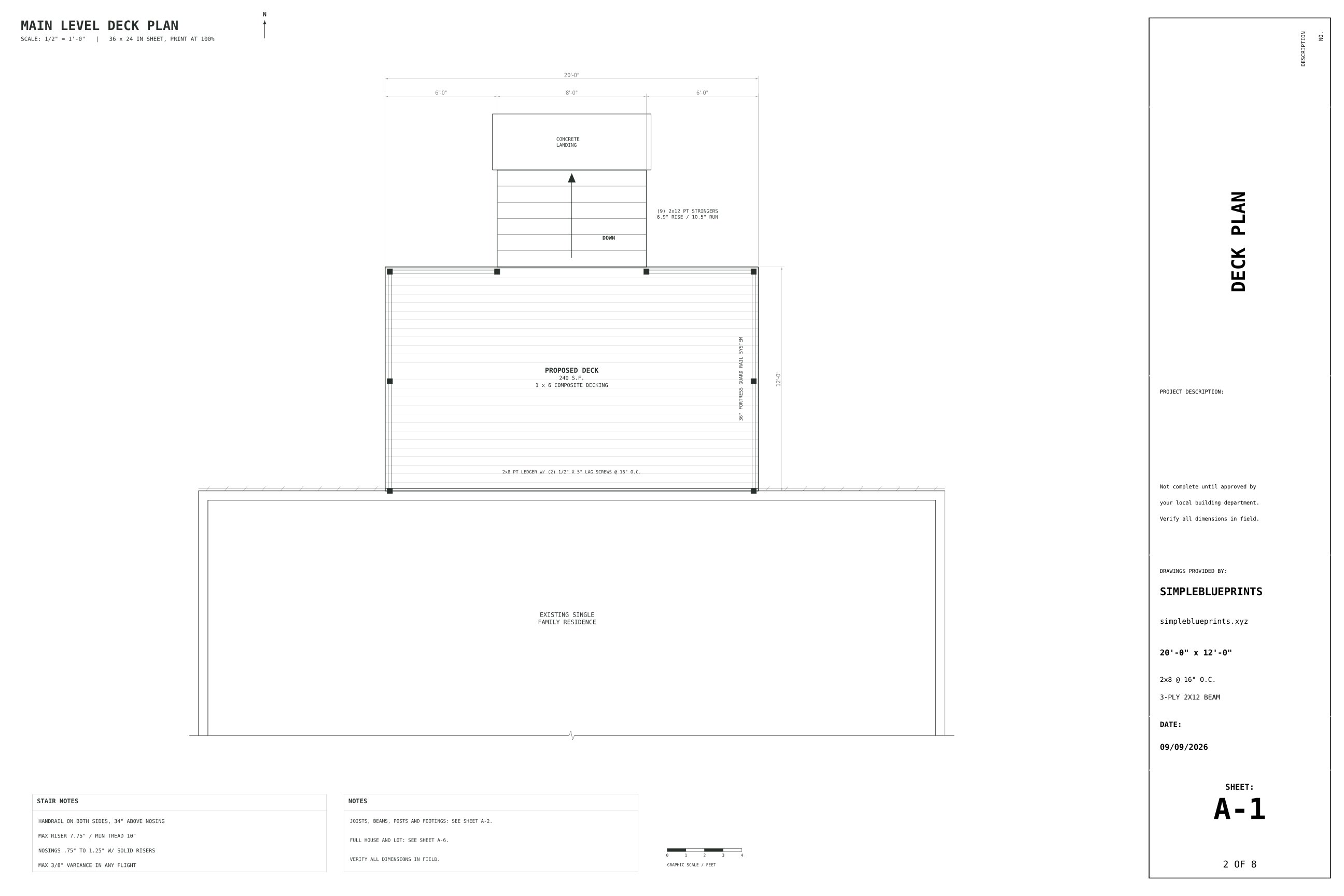Sheet A-1, Deck plan, from the 12x20 Deck Plans With Wide Stairs permit set