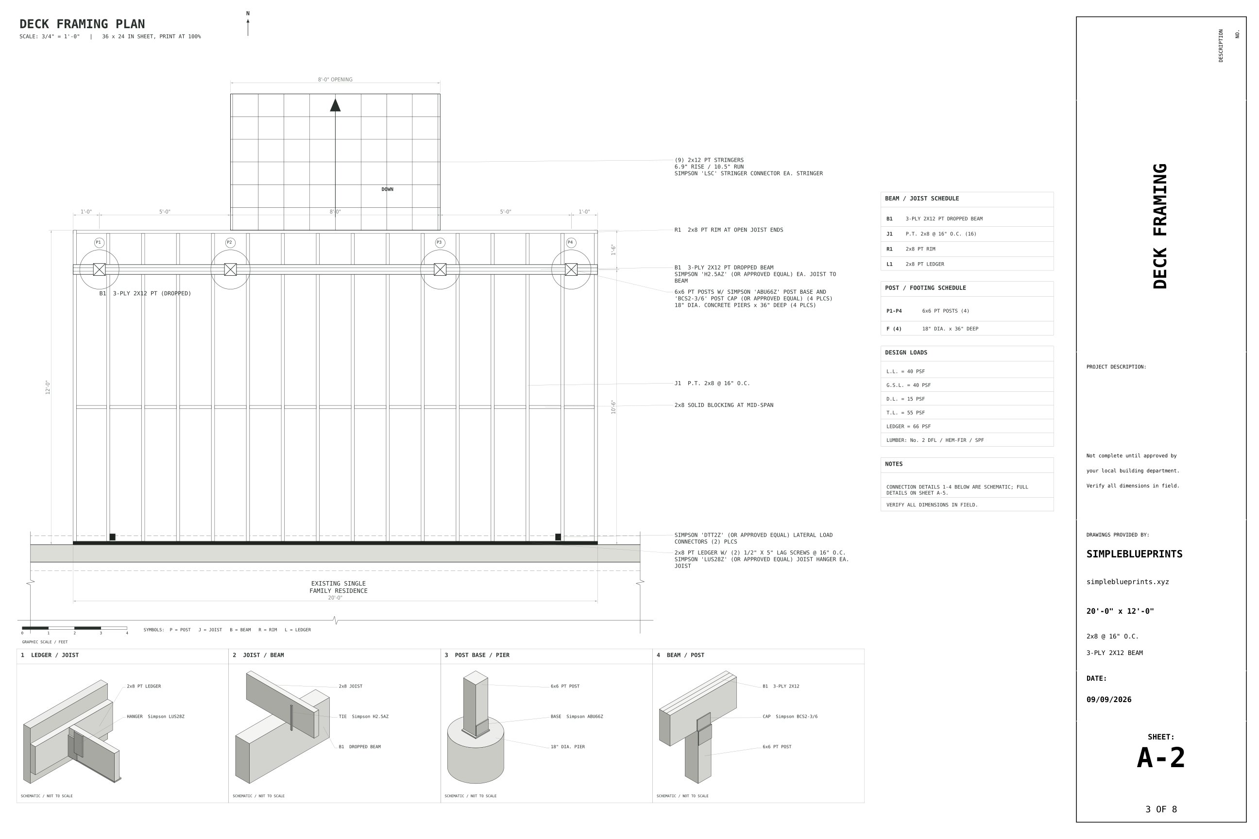 Sheet A-2, Deck framing, from the 12x20 Deck Plans With Wide Stairs permit set