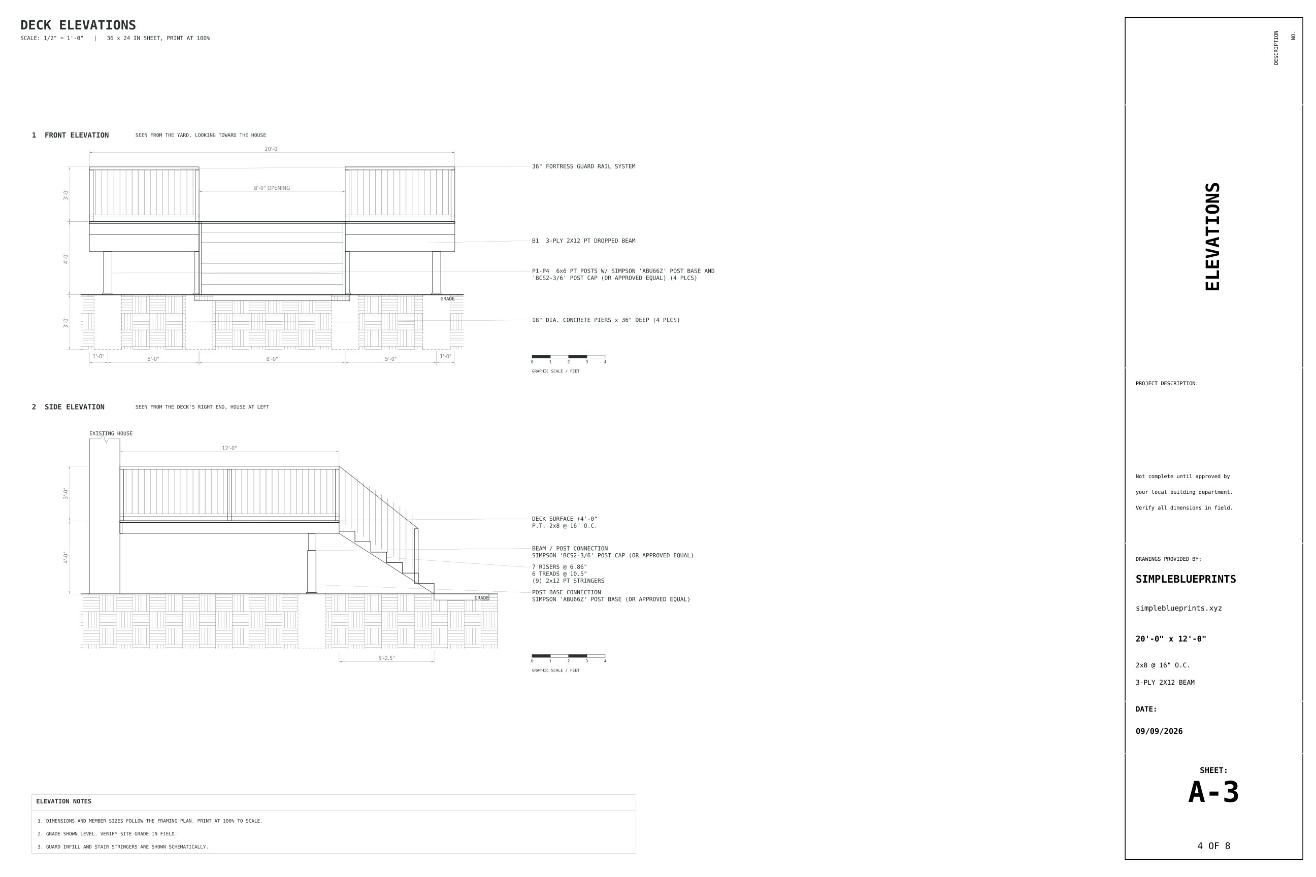 Sheet A-3, Elevations, from the 12x20 Deck Plans With Wide Stairs permit set