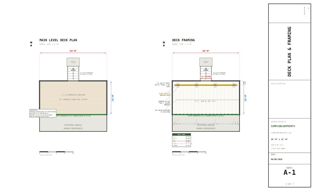 Sheet A-1, Deck plan and framing, from the 12x24 Deck Plans permit set