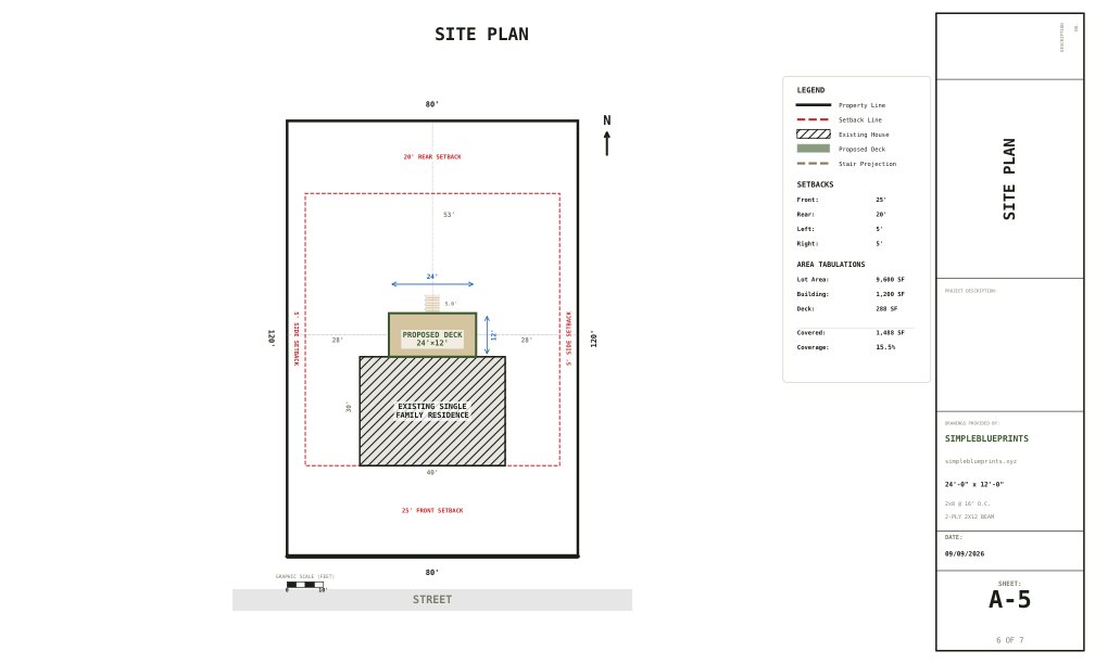 Sheet A-5, Site plan, from the 12x24 Deck Plans permit set