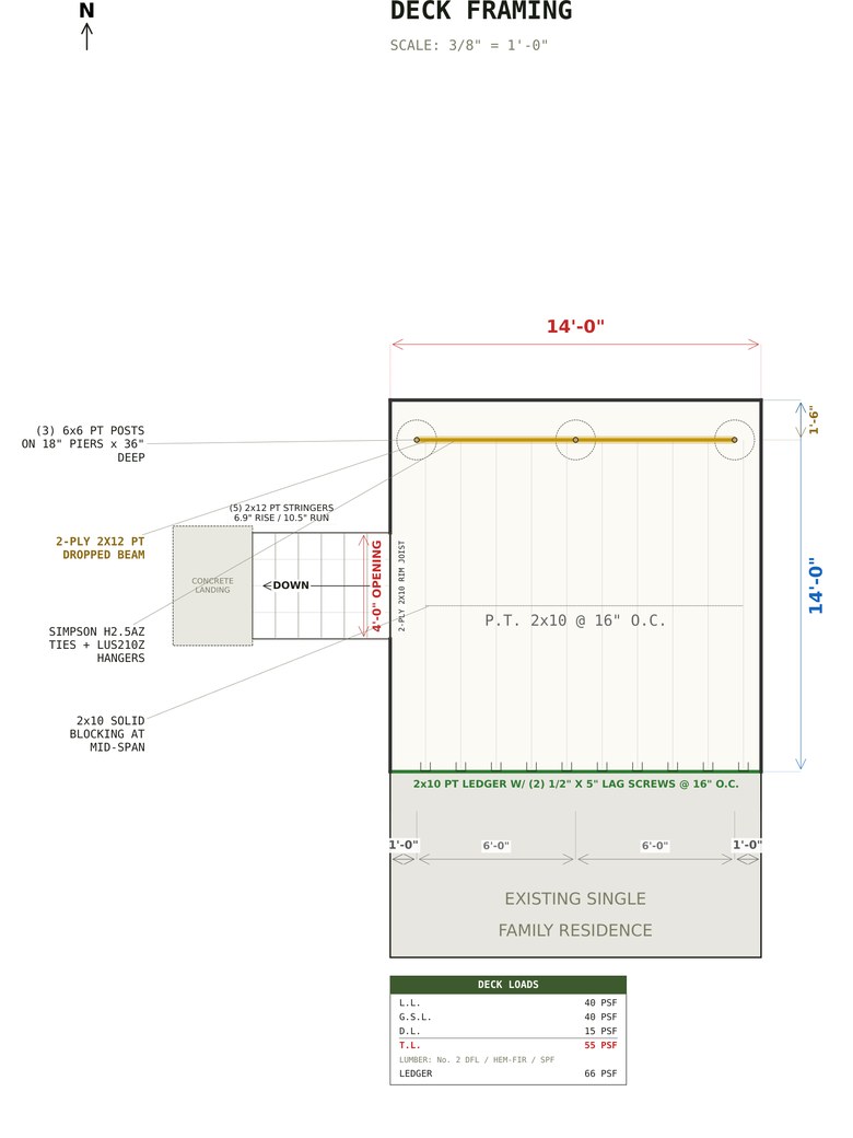 Deck framing plan for the 14x14 Deck Plans With Side Stairs set