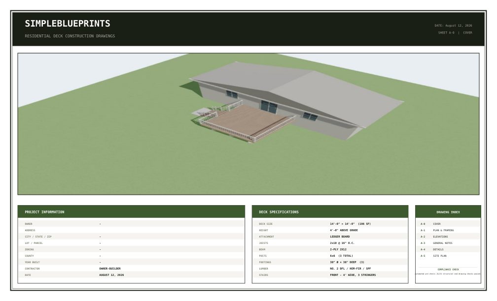 Sheet A-0, Cover sheet, from the 14x14 Deck Plans With Side Stairs permit set