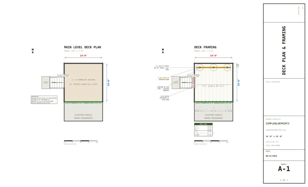 Sheet A-1, Deck plan and framing, from the 14x14 Deck Plans With Side Stairs permit set