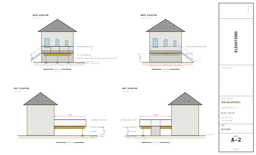 Sheet A-2, Elevations, from the 14x14 Deck Plans With Side Stairs permit set