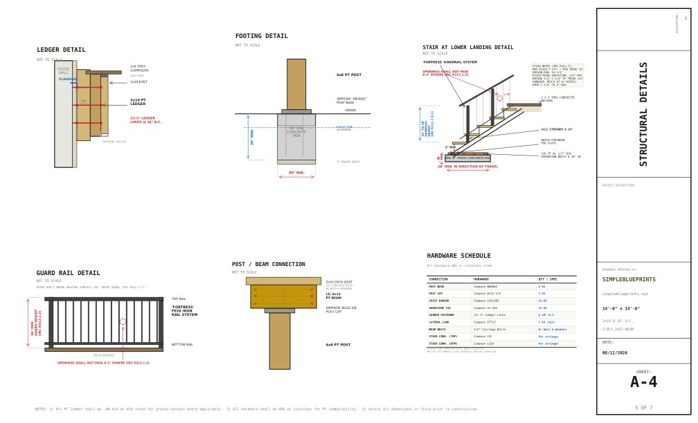 Sheet A-4, Structural details, from the 14x14 Deck Plans With Side Stairs permit set