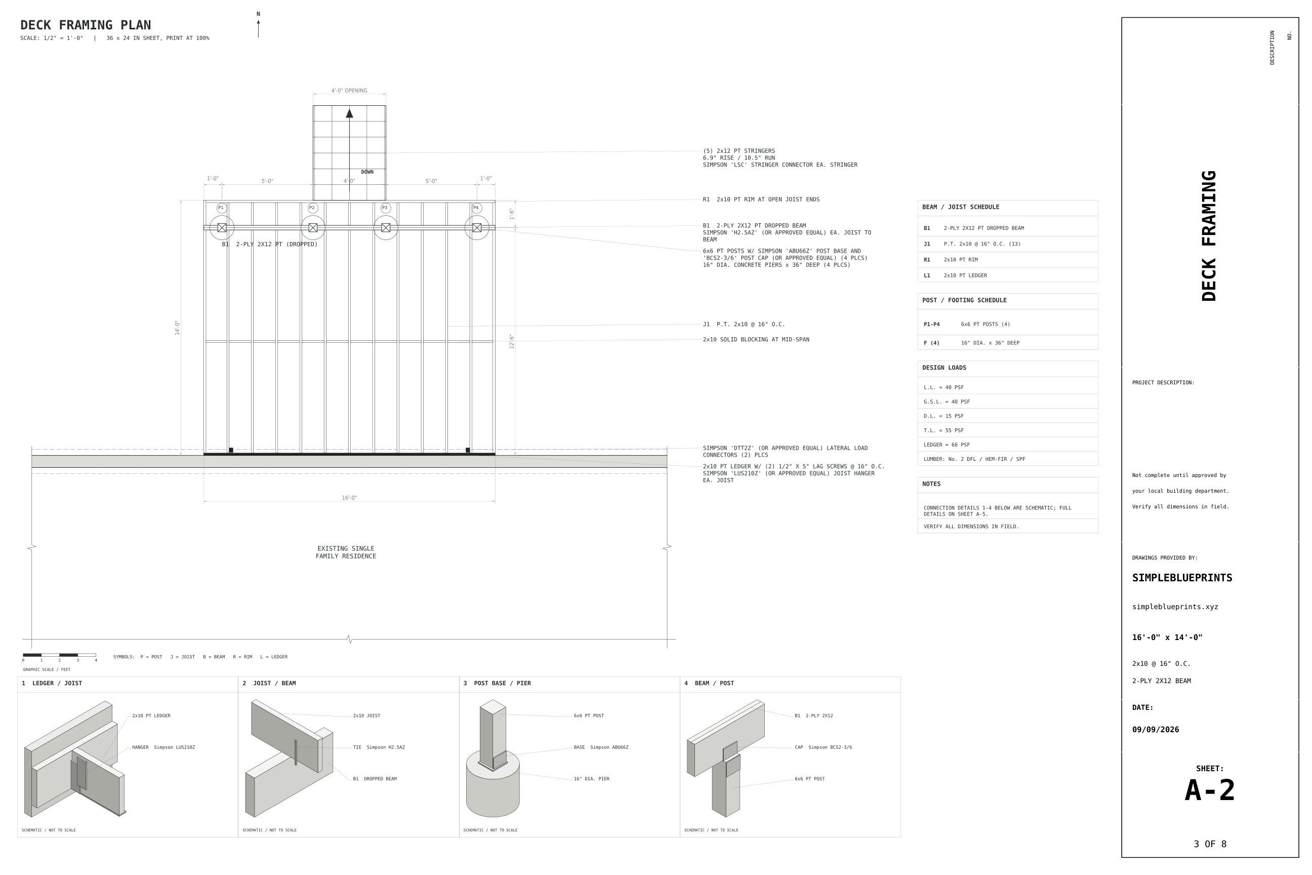 Sheet A-2, Deck framing, from the 14x16 Deck Plans permit set