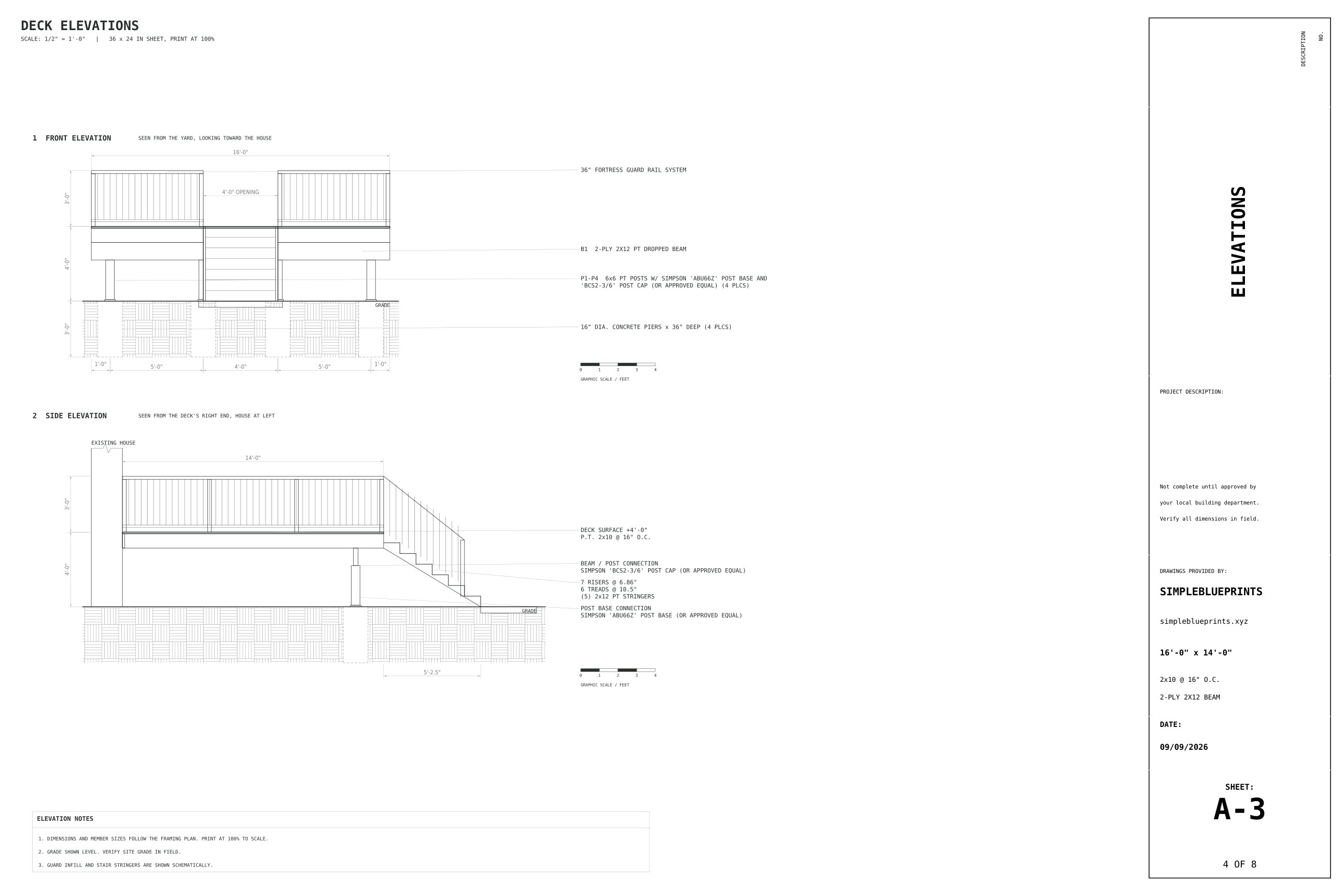 Sheet A-3, Elevations, from the 14x16 Deck Plans permit set